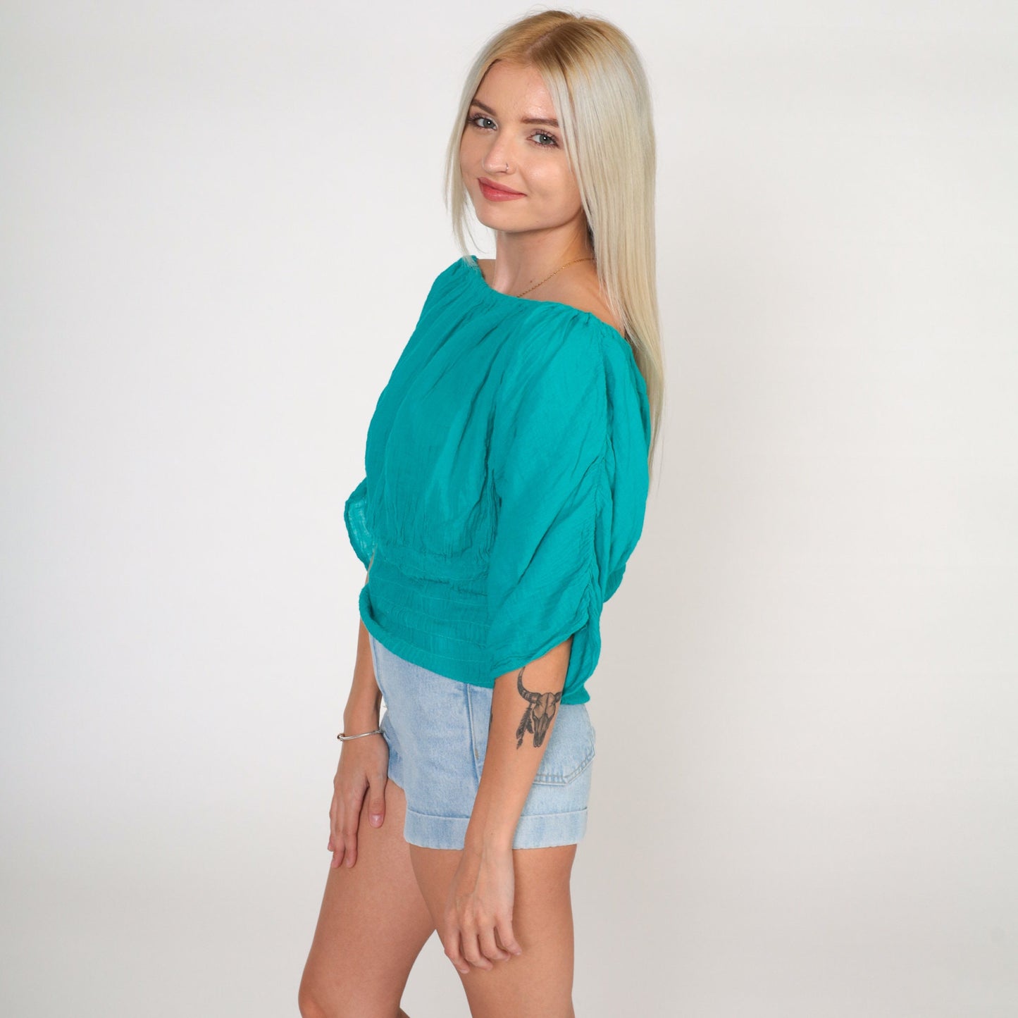 90s Teal Off-Shoulder Smocked Peasant Blouse Ruched Half-Sleeve Small Medium