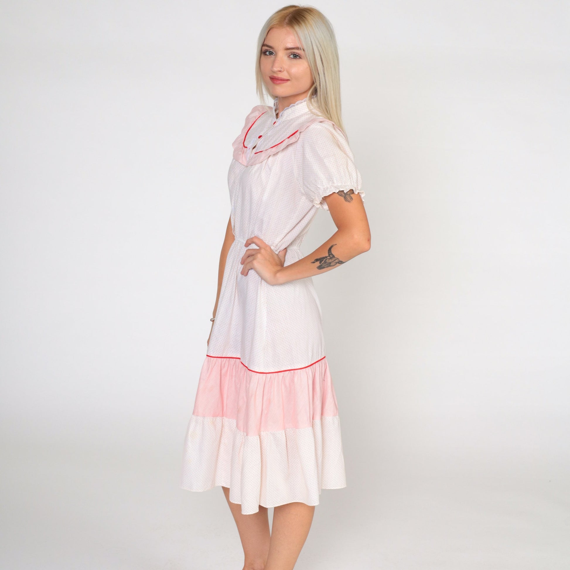 70s White Red Polka Dot Prairie Dress Puff Sleeve High Waist Button Front Small