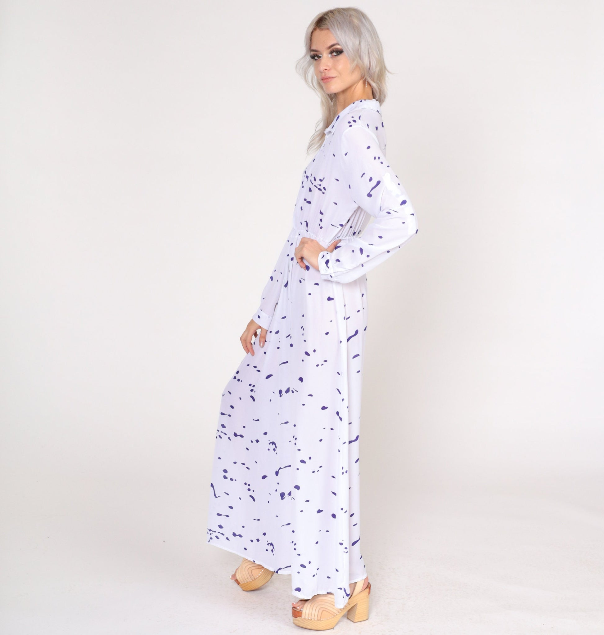 1970s Abstract Paint Splatter Maxi Dress White Purple Long Sleeve Shirtwaist Small