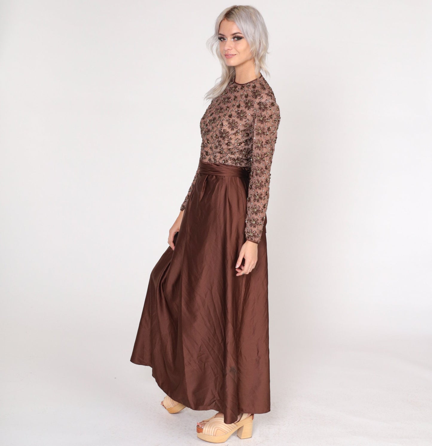 1960s Brown Beaded Floral Maxi Dress Long Sleeve High Waist Small