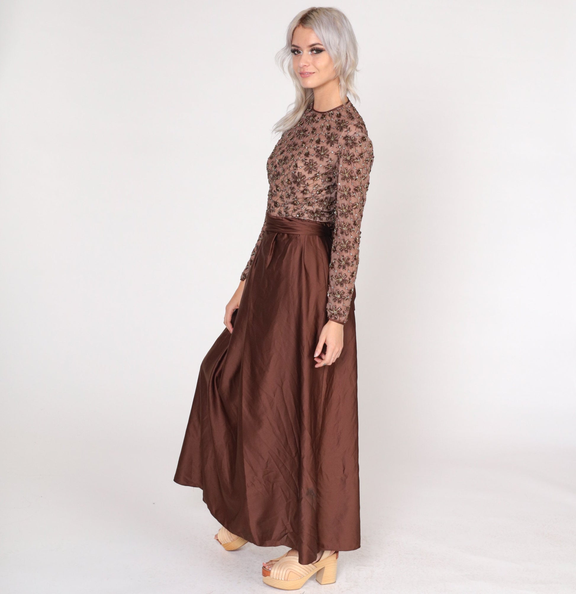 1960s Brown Beaded Floral Maxi Dress Long Sleeve High Waist Small