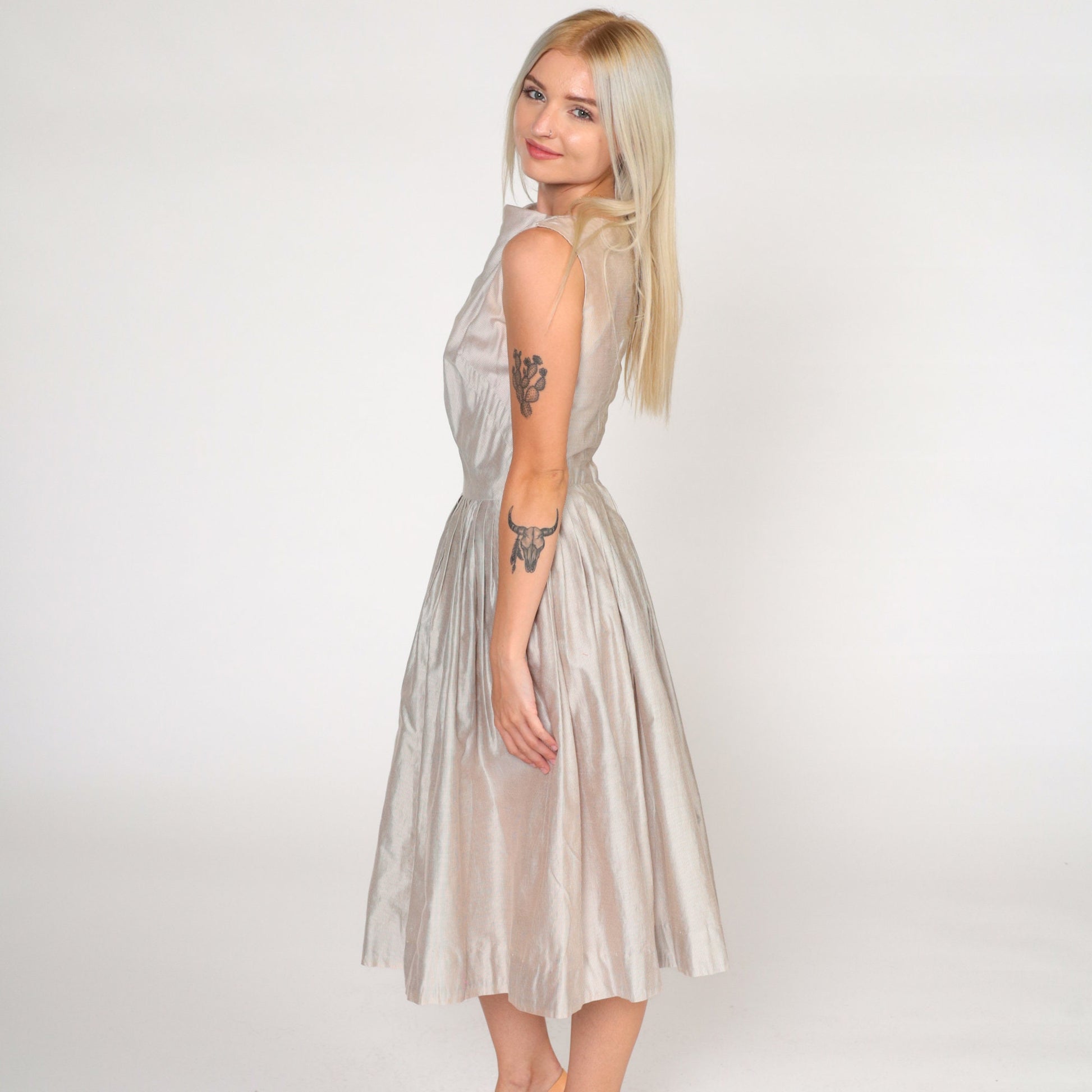 60s Frolic Time Pinstriped Pleated Midi Dress High Waist White Brown Small