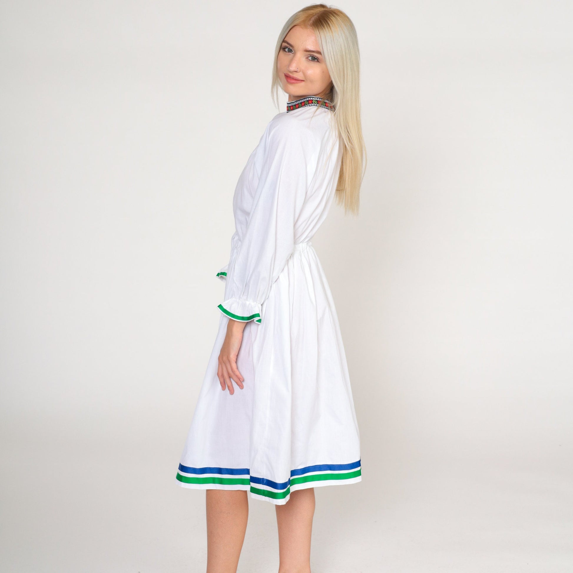 70s White Floral Midi Dress Raglan Sleeve High Waist Cotton Extra Small