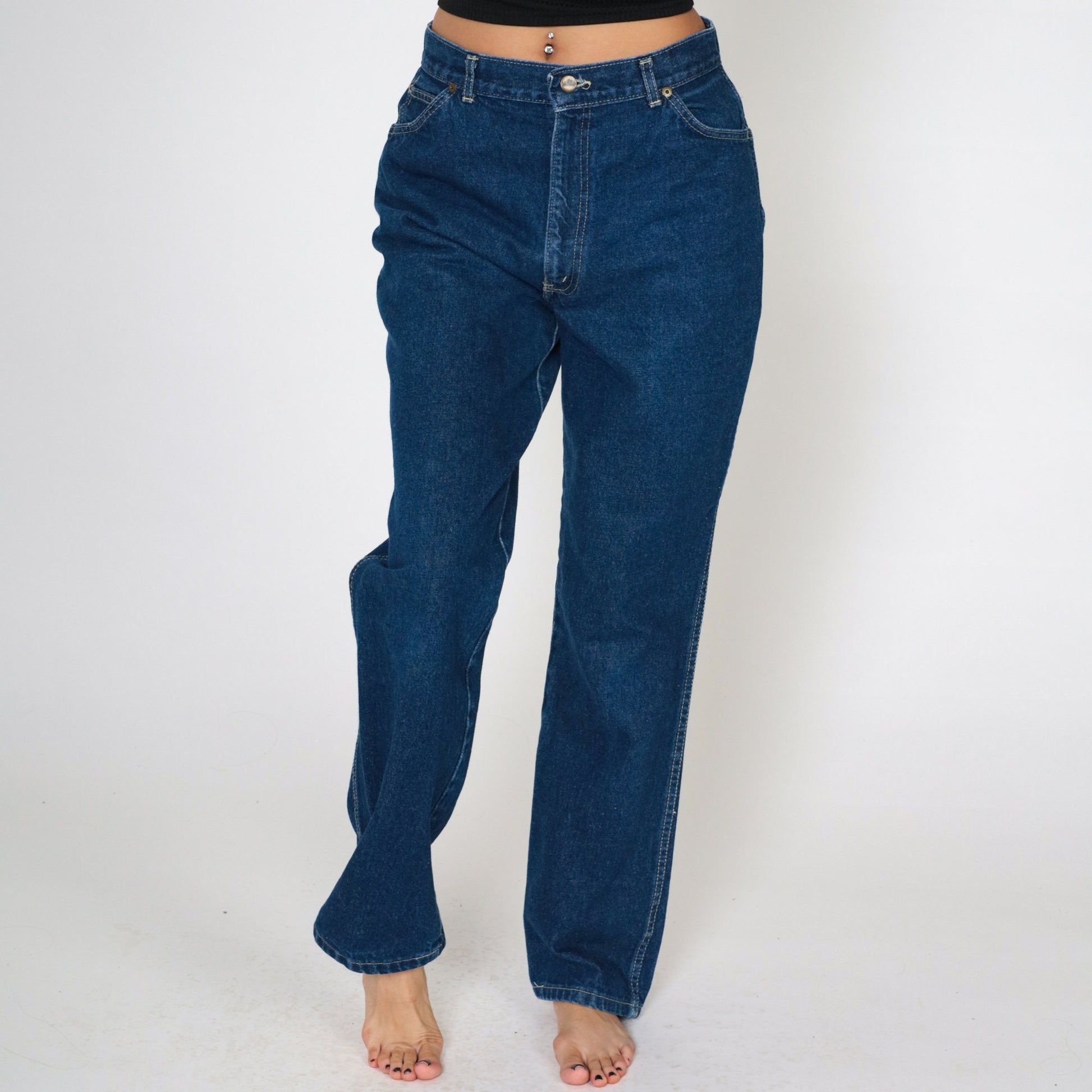 80s Dark Wash High Waisted Jeans Straight Leg Tapered Cotton Denim Medium