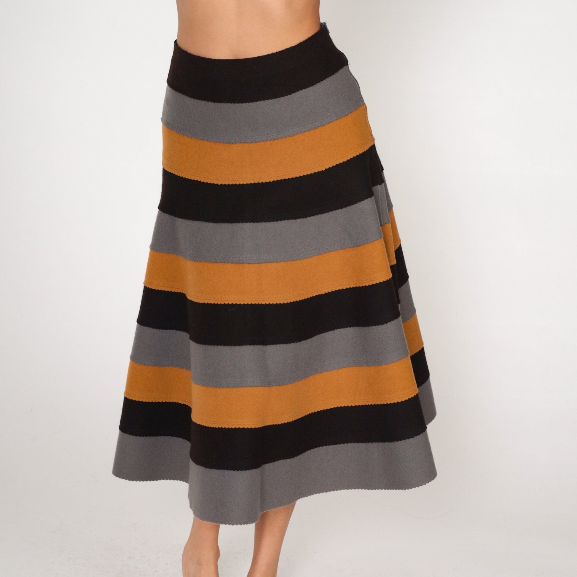 90s Wool Striped Midi Skirt High Waist A-Line Black Brown Grey Medium