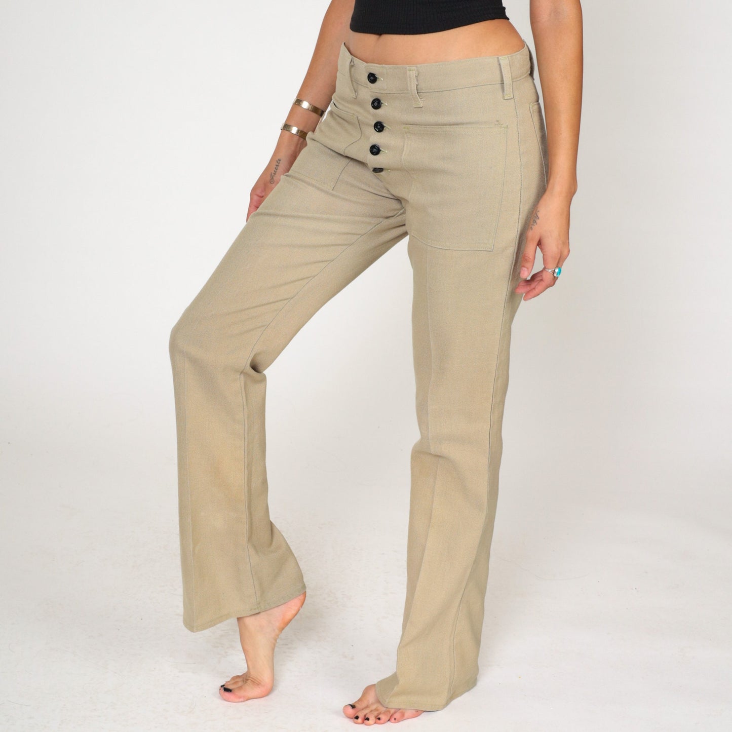 70s Tan Flared Trousers Exposed Button Fly Bell Bottom Mid Rise Medium