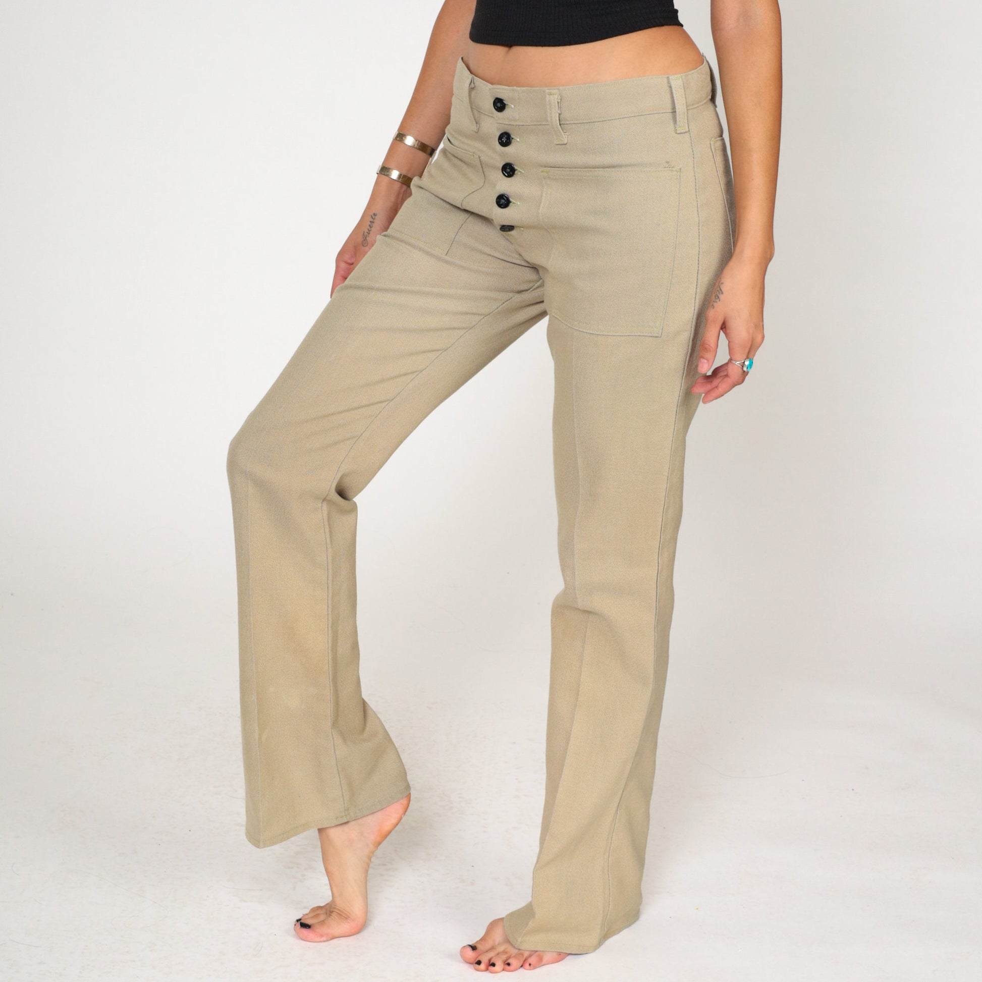 70s Tan Flared Trousers Exposed Button Fly Bell Bottom Mid Rise Medium