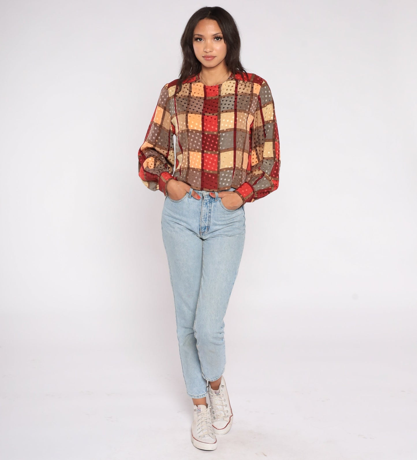 80s Checkered Hidden Button Blouse Long Sleeve Red Yellow Small S