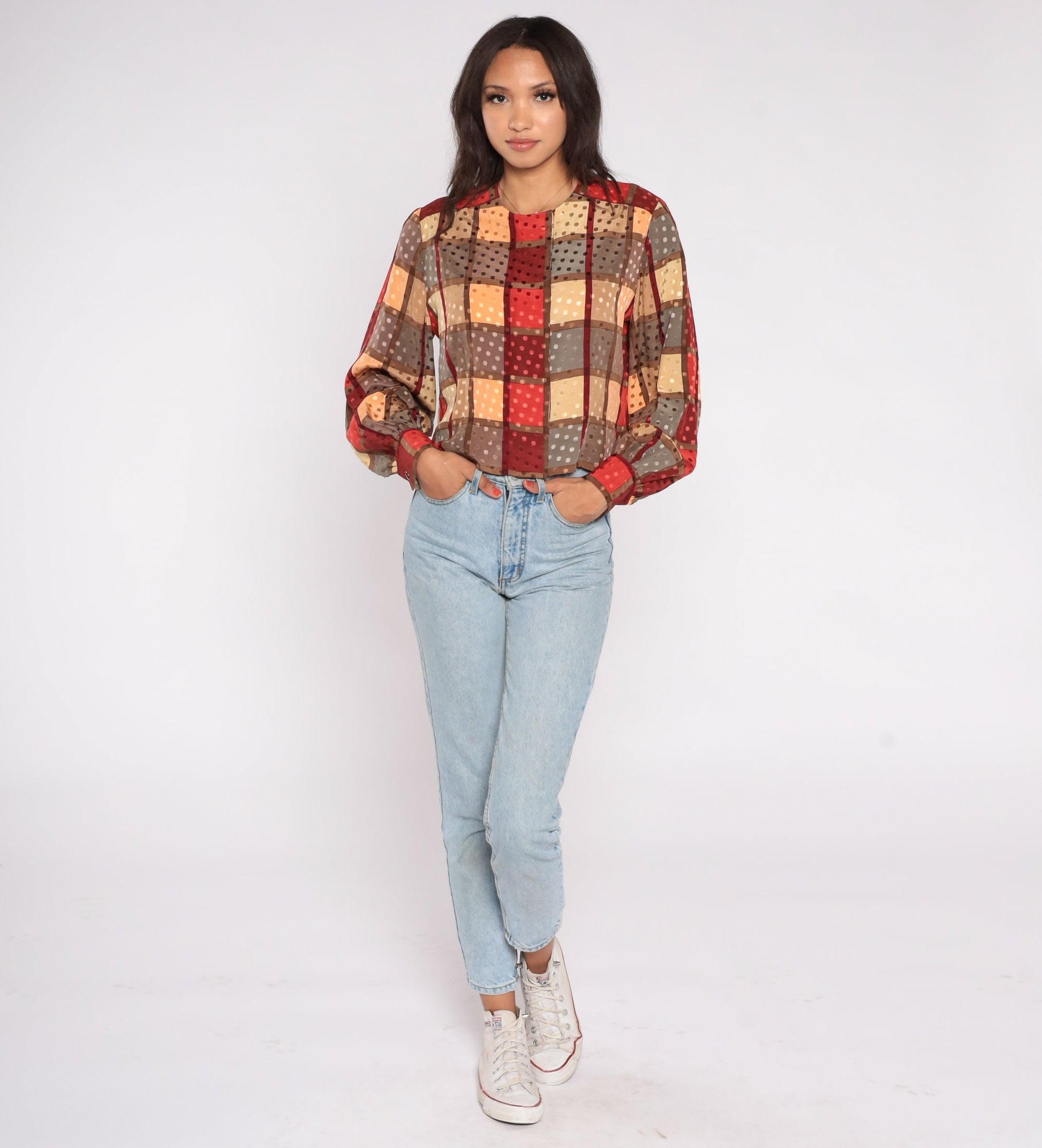 80s Checkered Hidden Button Blouse Long Sleeve Red Yellow Small S