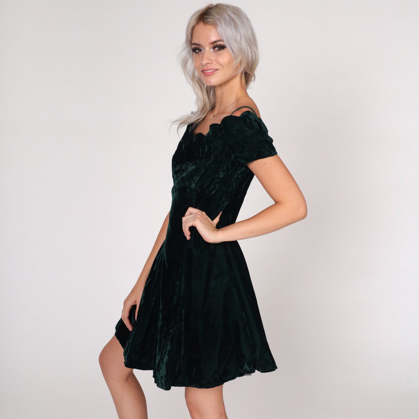 90s Dark Green Velvet Mini Dress Scalloped Off-Shoulder Small