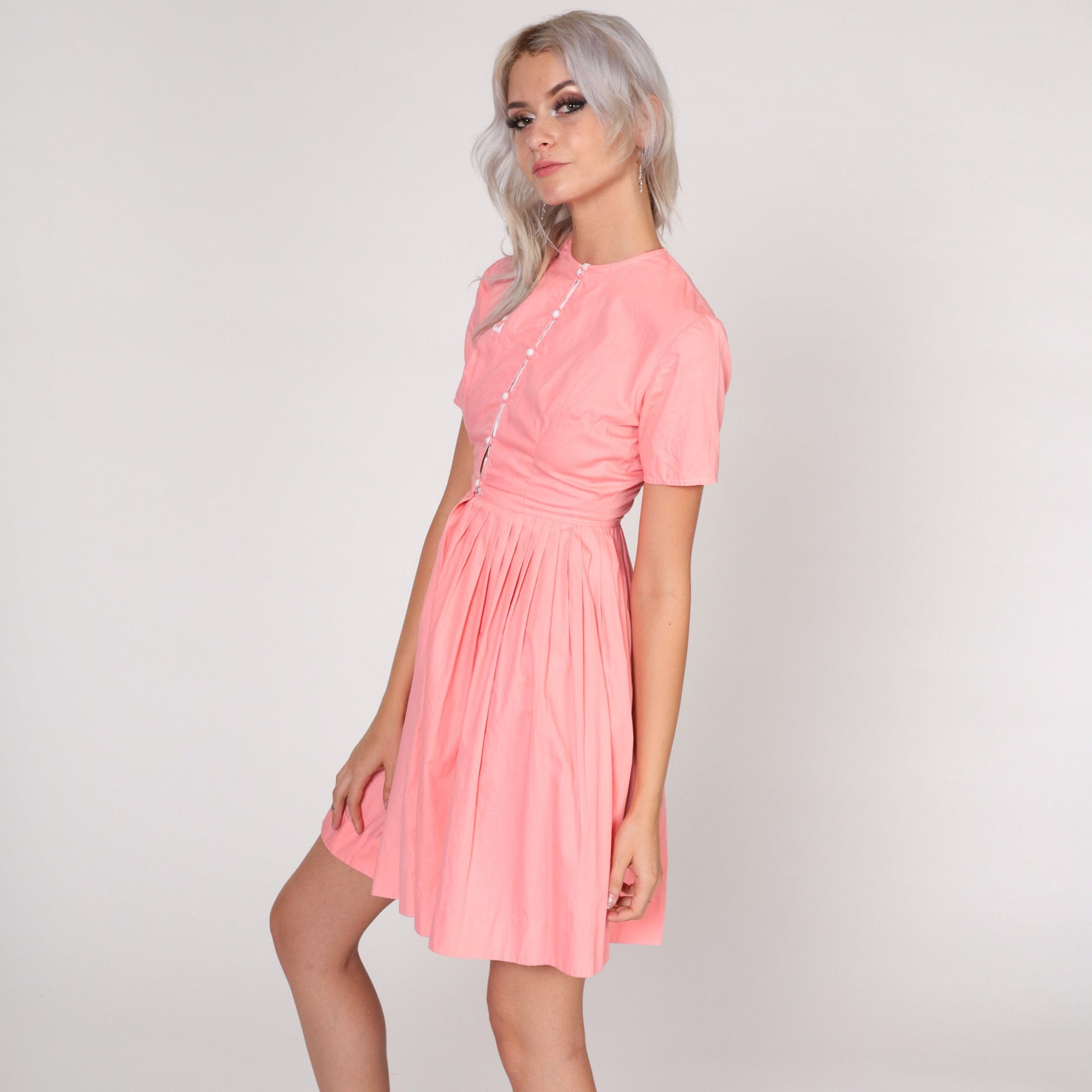 1960s Pink Mini Dress White Embroidery Button-Up High Waist XXS