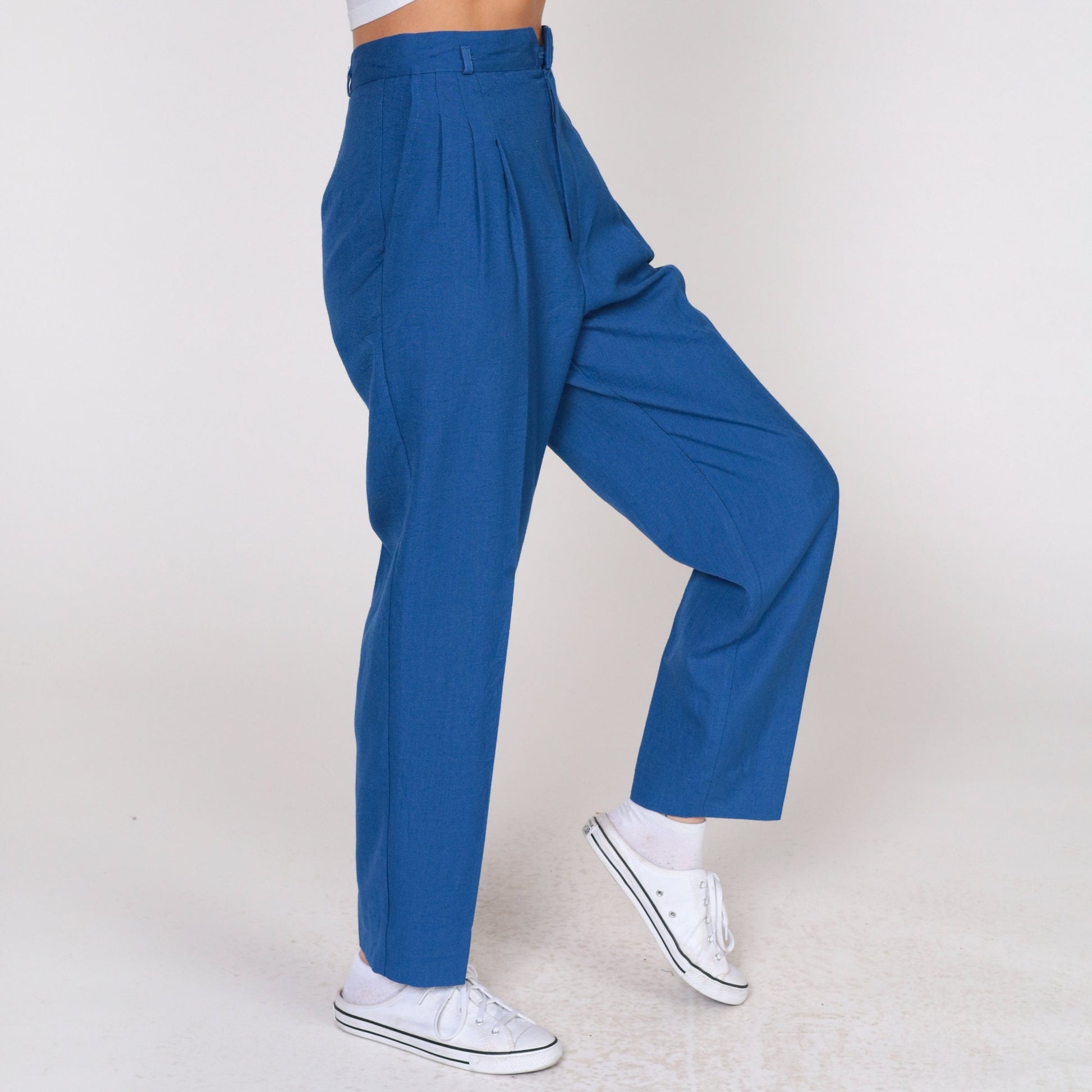 70s Blue Tapered Trousers High Waisted Pleated Pants Small
