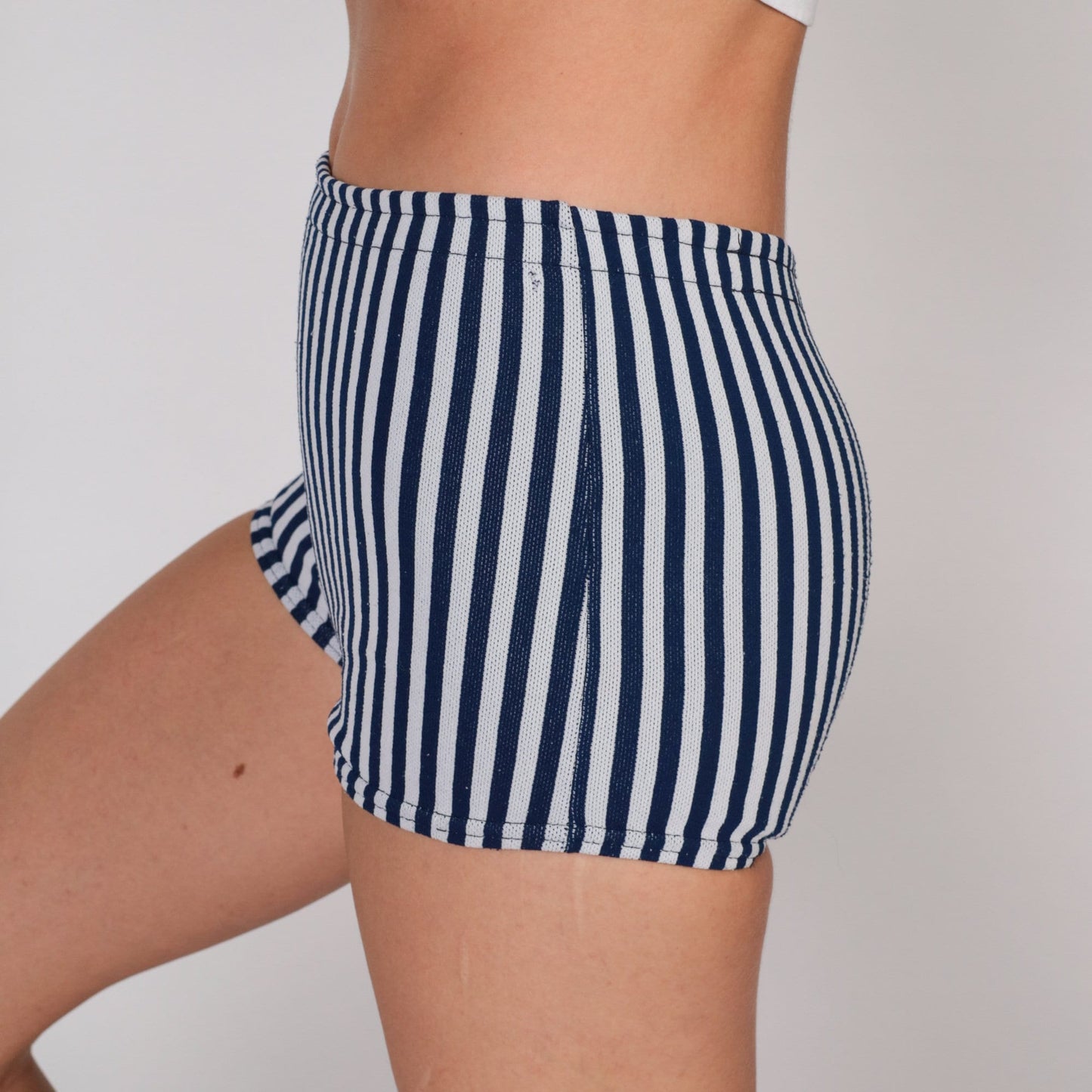 70s Striped Hotpants Blue Grey Shorts Elastic Waist XXS
