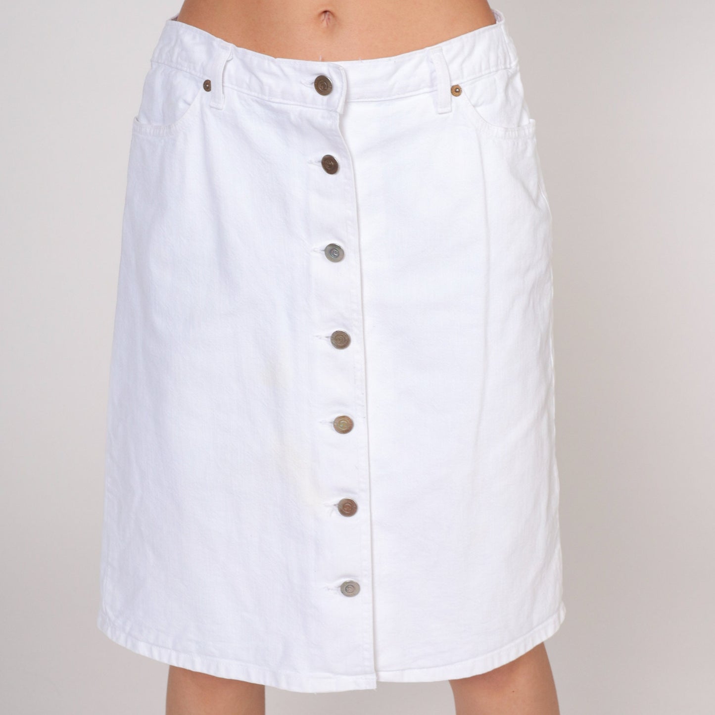 90s Guess White Denim Mini Skirt High Waisted Button Front Small 28