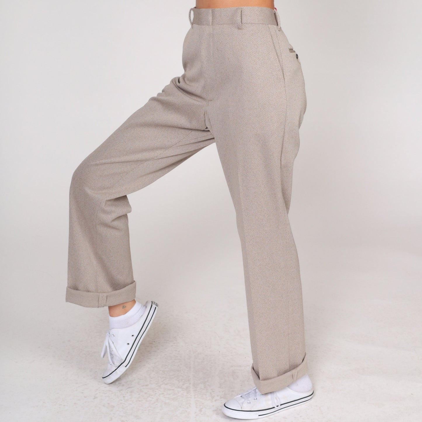70s Herringbone High-Waisted Straight Trousers Sand Twill Cuffed Medium