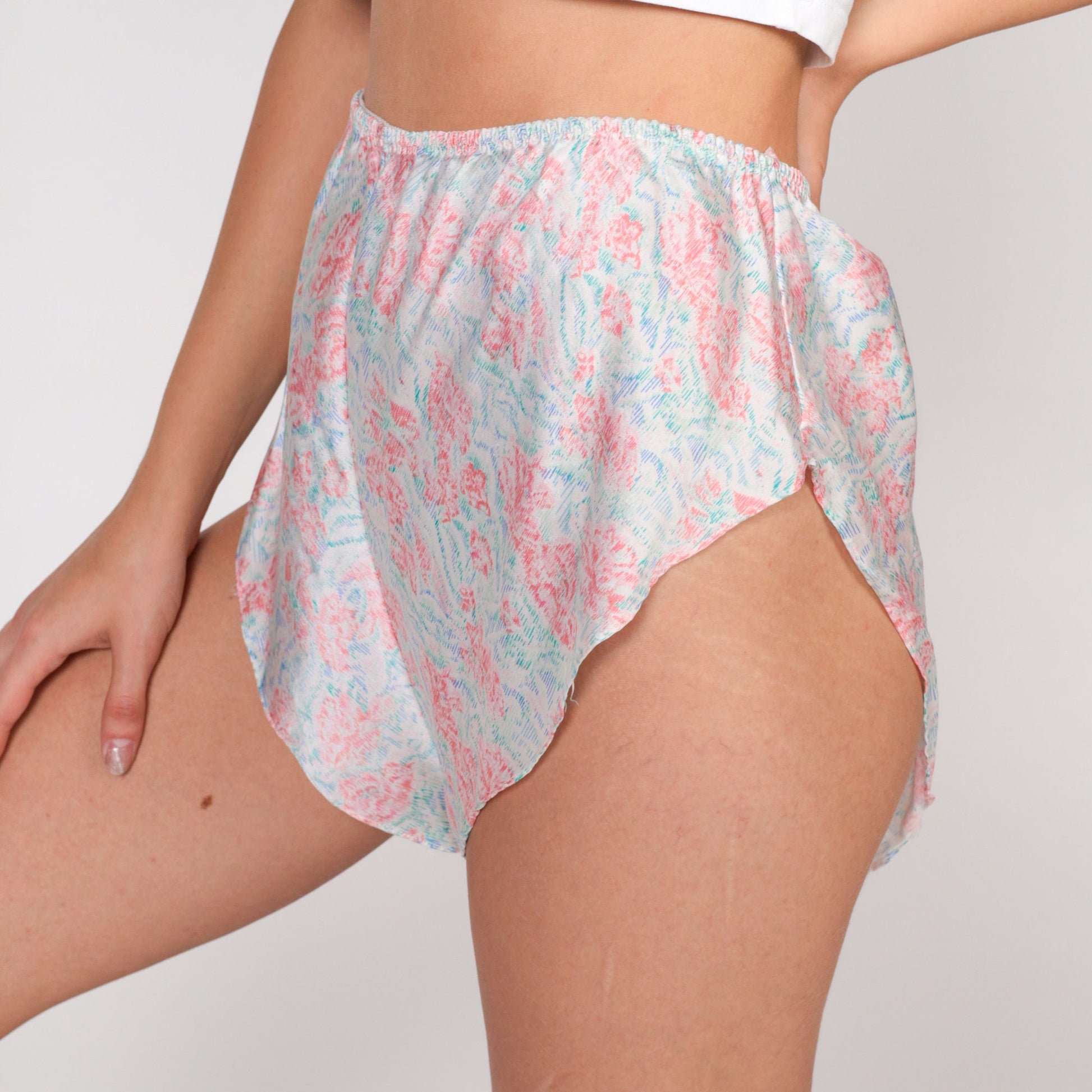 80s Courteney Floral Silk Sleep Shorts Dolphin Cut Pink Blue White Medium