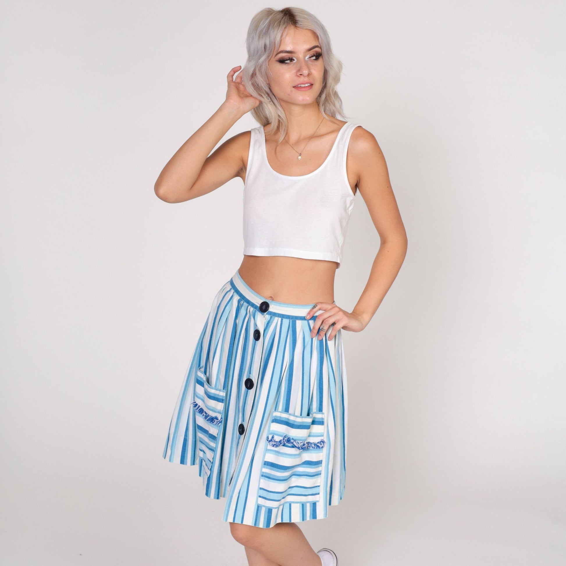 60s Striped Mini Skirt Blue White Button Front Pockets Cotton Extra Small
