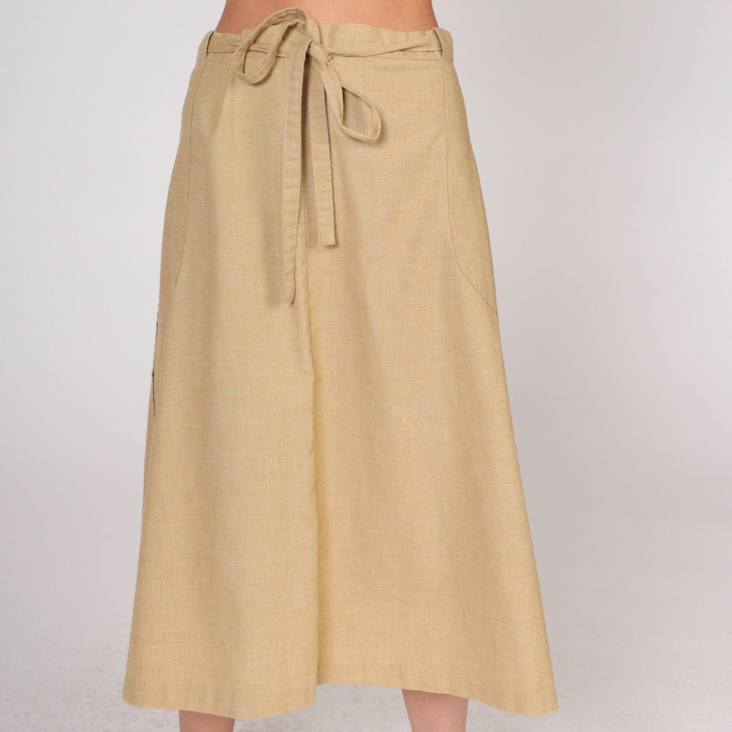90s Tan Wrap Skirt High Waist Midi Pockets Cotton Medium Large