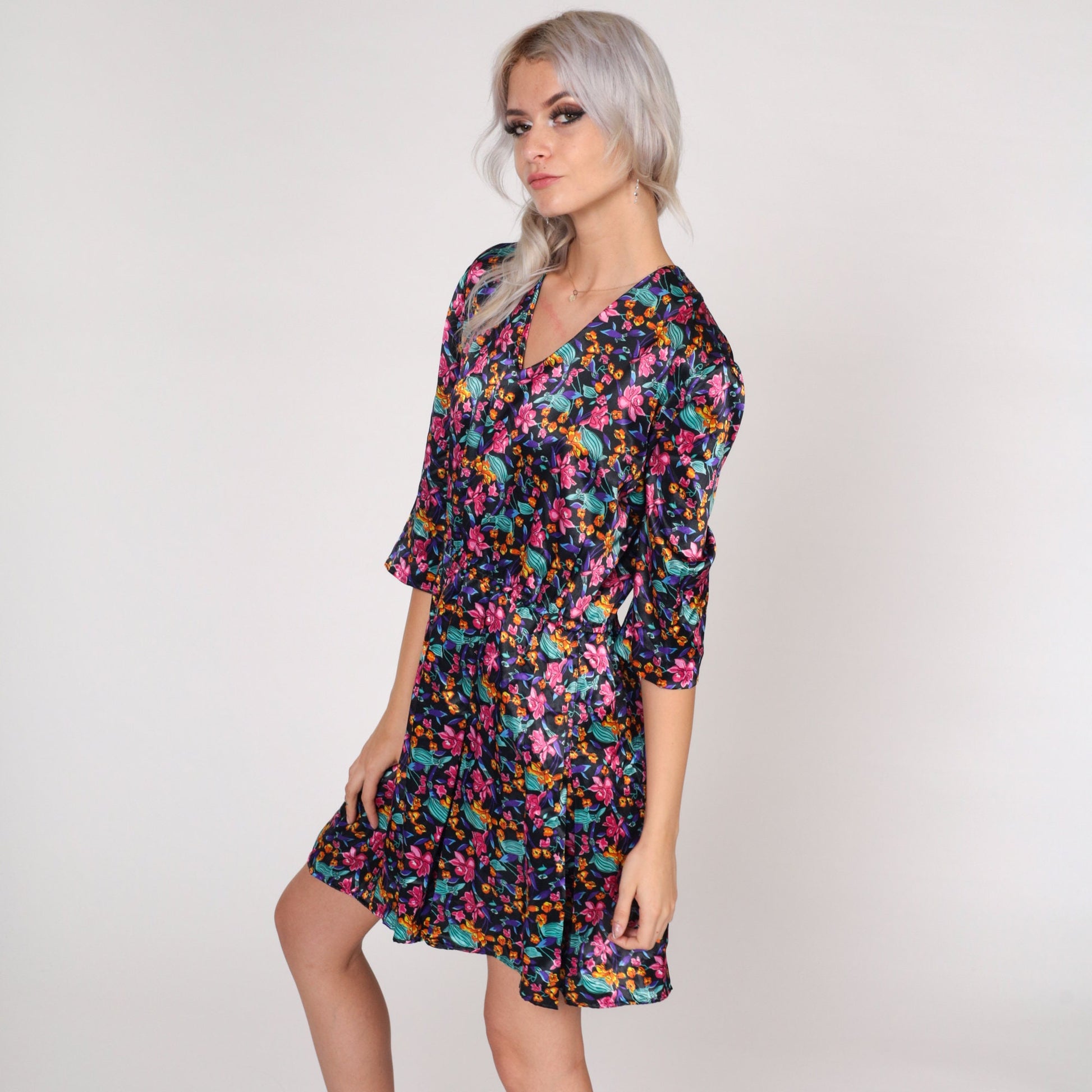 90s Black Floral Satin Mini Dress V-Neck Button Back Medium
