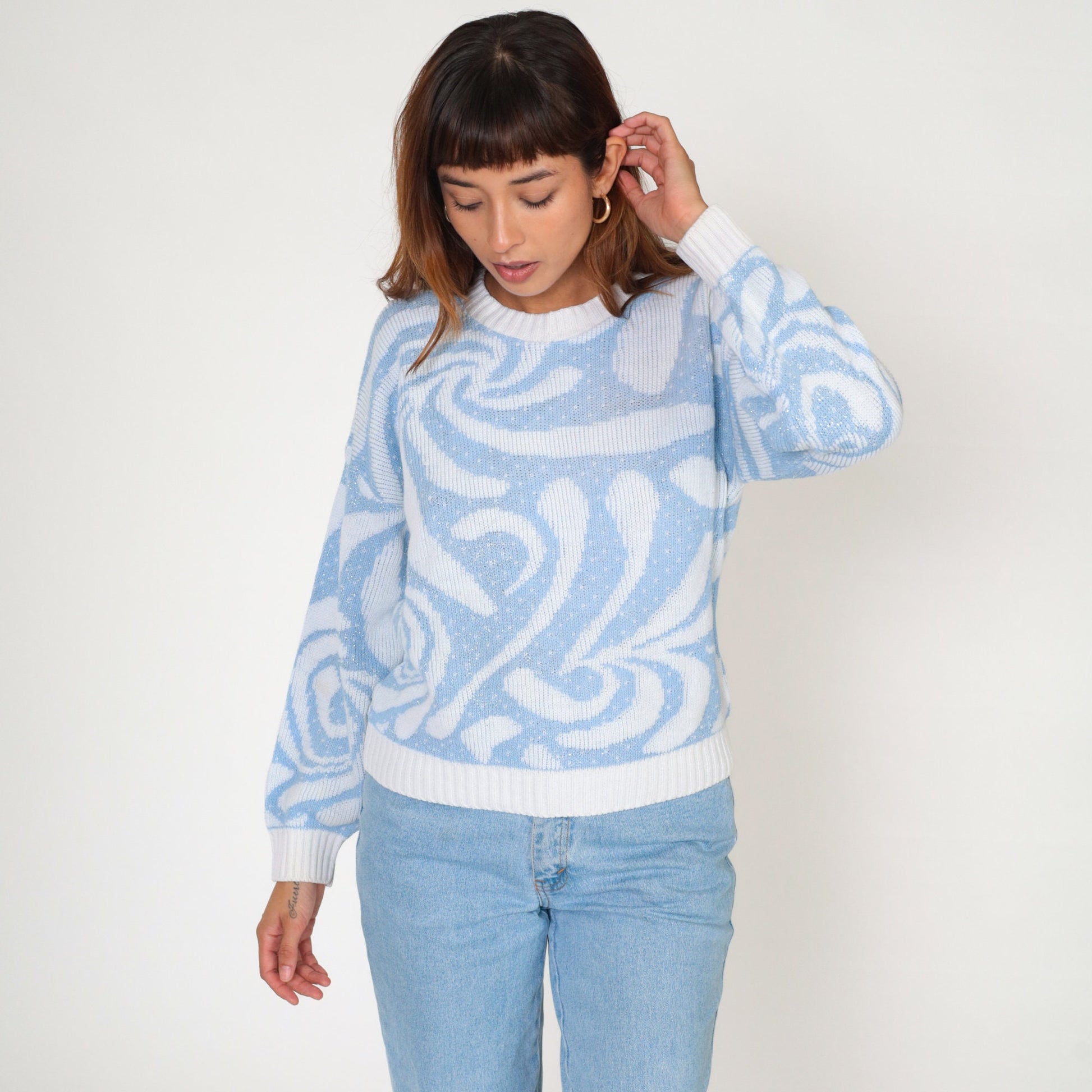80s Baby Blue White Swirl Abstract Knit Crewneck Sweater Small