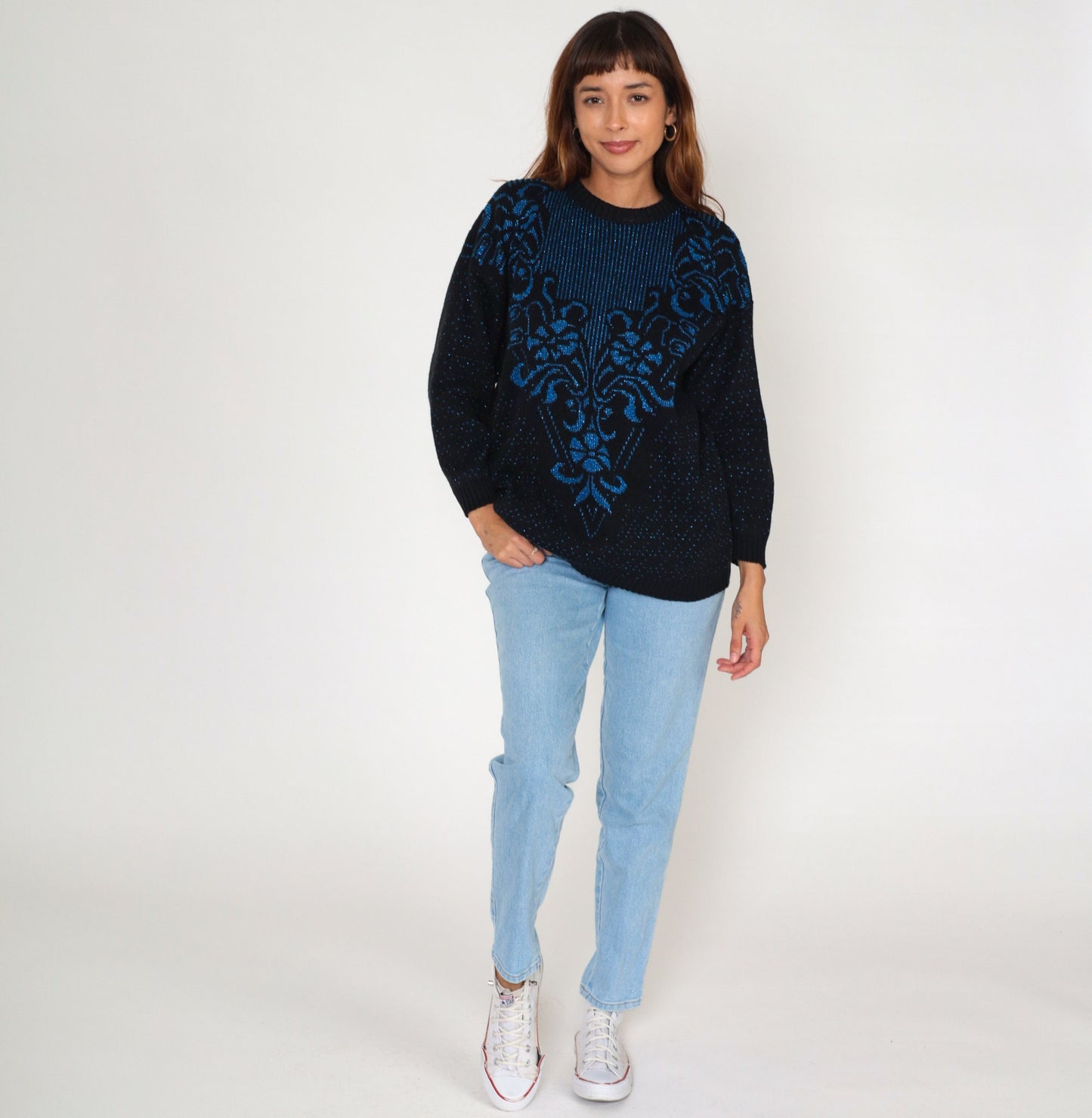 80s Metallic Floral Knit Sweater Black Blue Sparkly Pullover Medium M