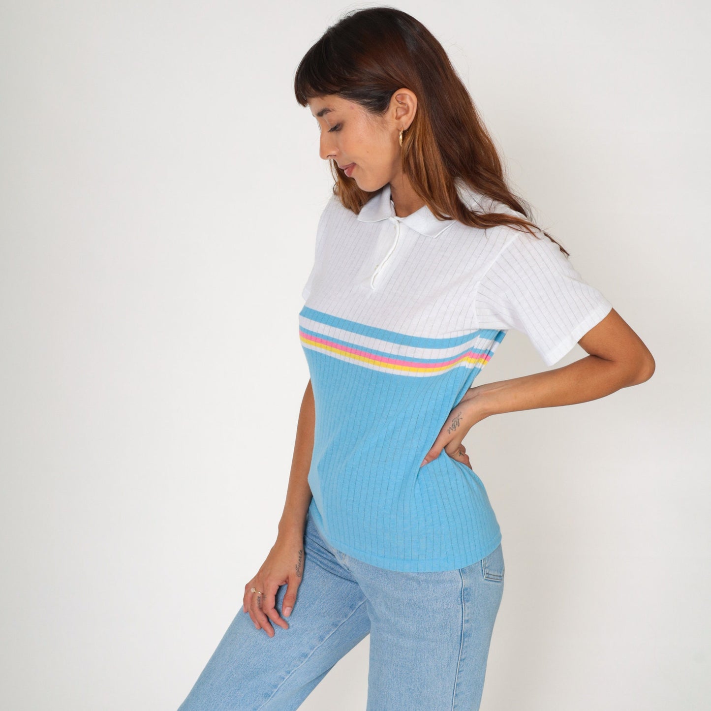 80s Striped Polo Shirt White Blue Pink Yellow Color Block Small