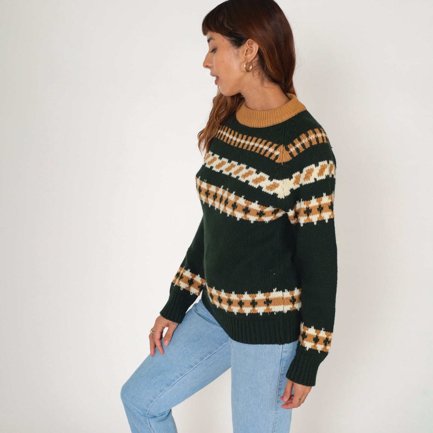 70s Sigallo Geometric Striped Pullover Sweater Green Ringer Crewneck Medium M
