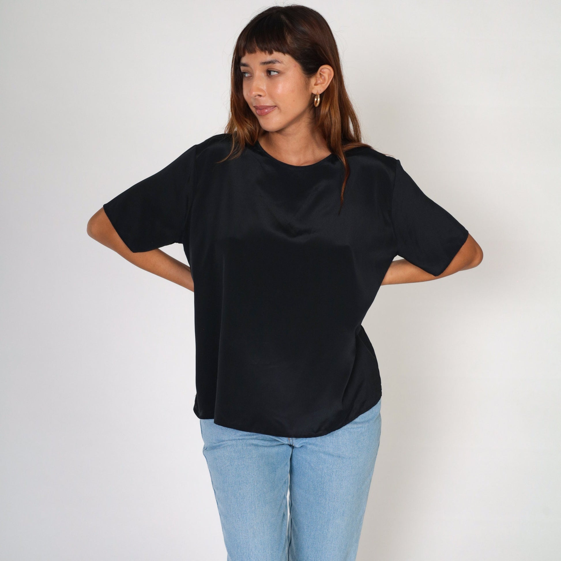 90s Bobbie and Brooks Black Blouse Keyhole Back Short Sleeve Large