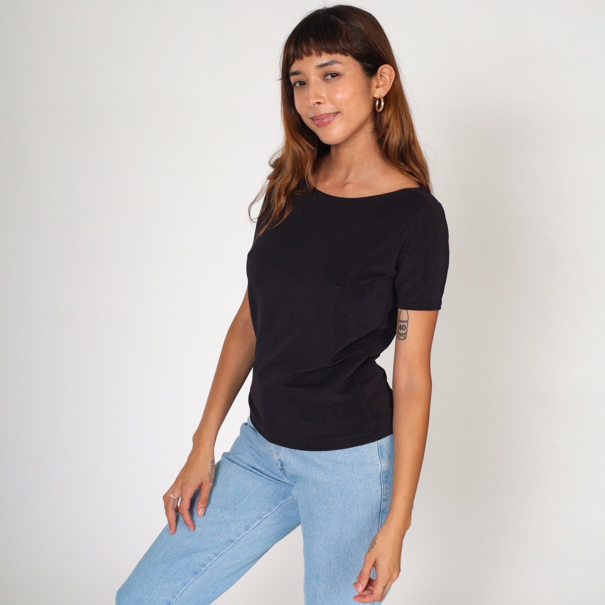 Y2K Black Fitted T-Shirt Stretchy Short Sleeve Tee Medium M