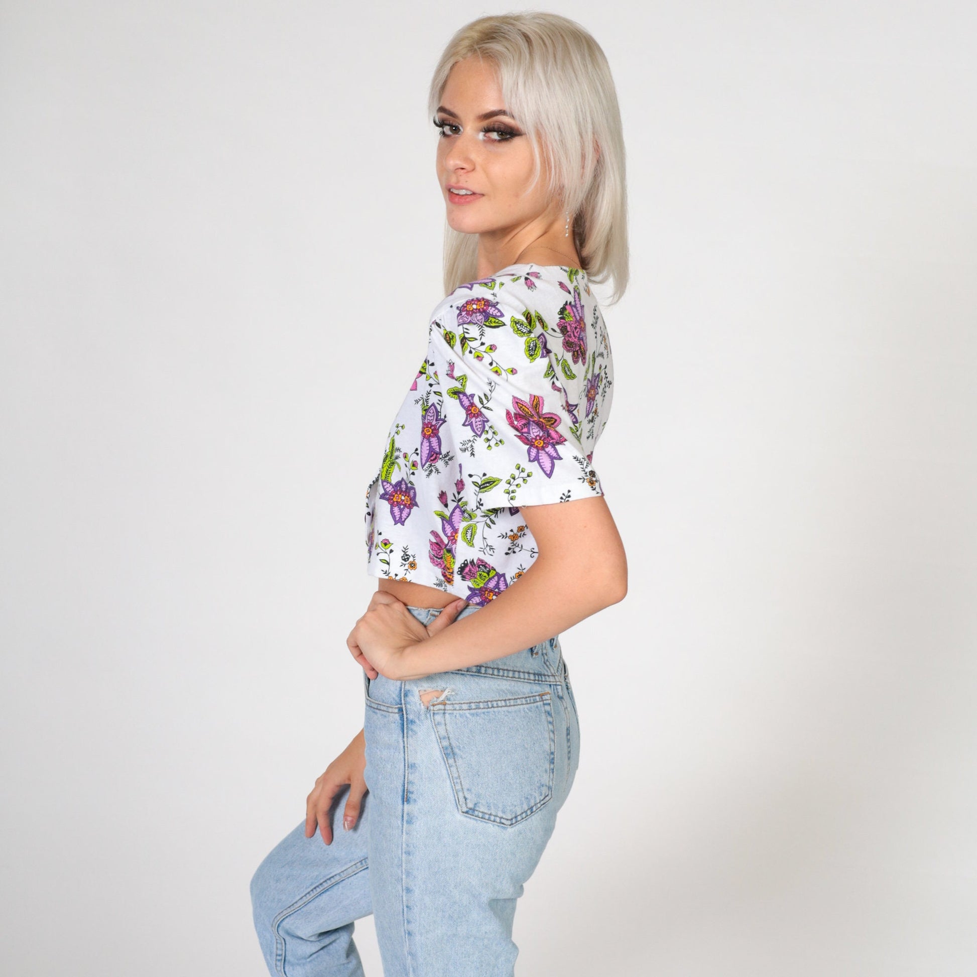 90s White Floral Crop Top Cotton Puff Sleeve Button Blouse Small