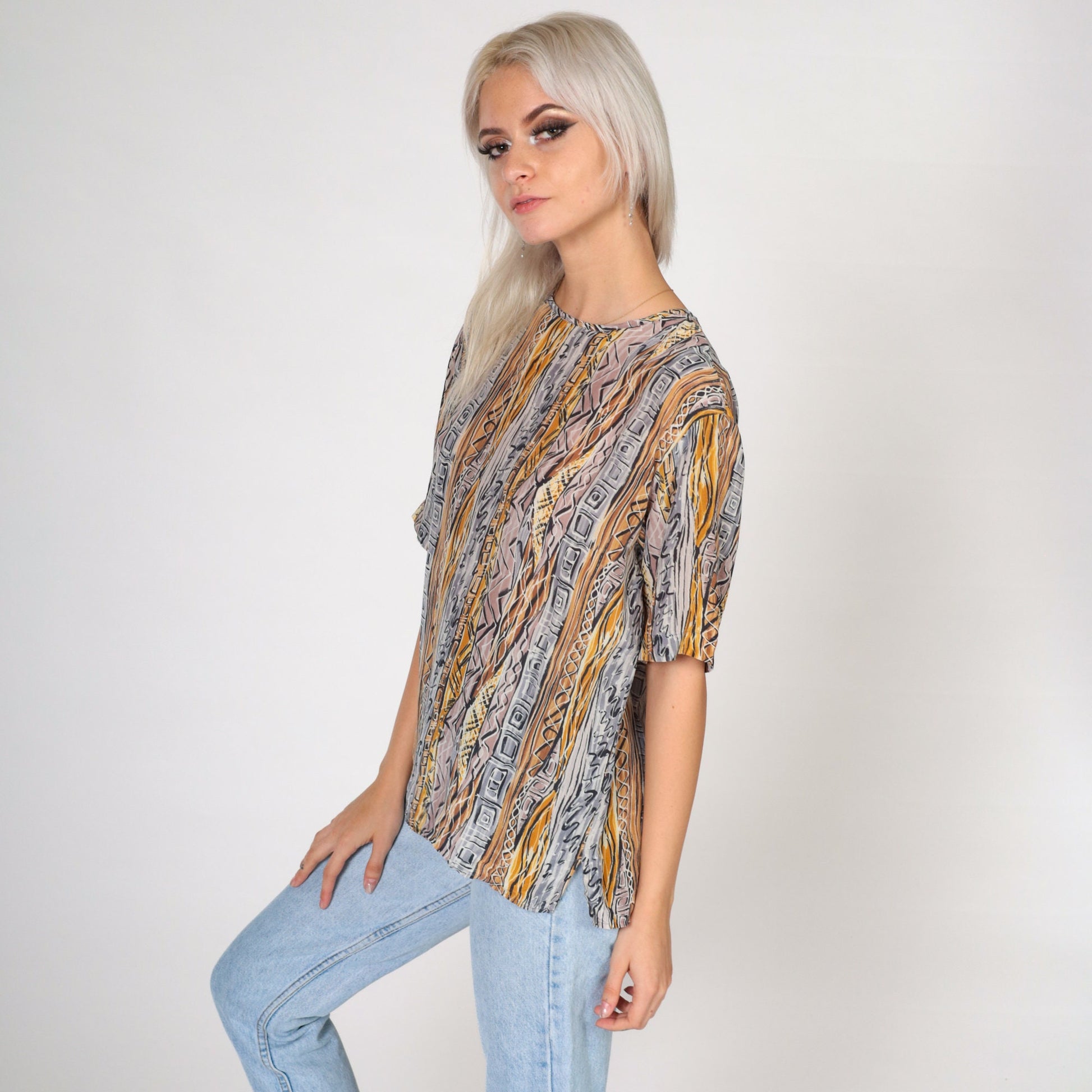 90s Silk Shirt Abstract Geometric Print Short Sleeve Blouse Medium
