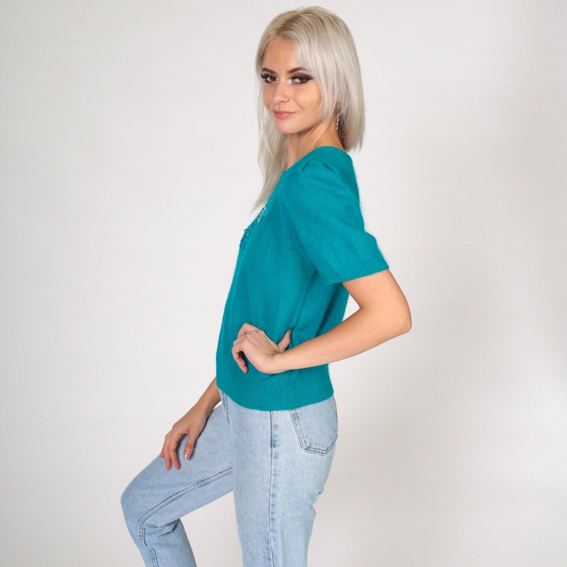 80s Teal Wool Sweater Top Puff Sleeve Beaded Floral Knit Small