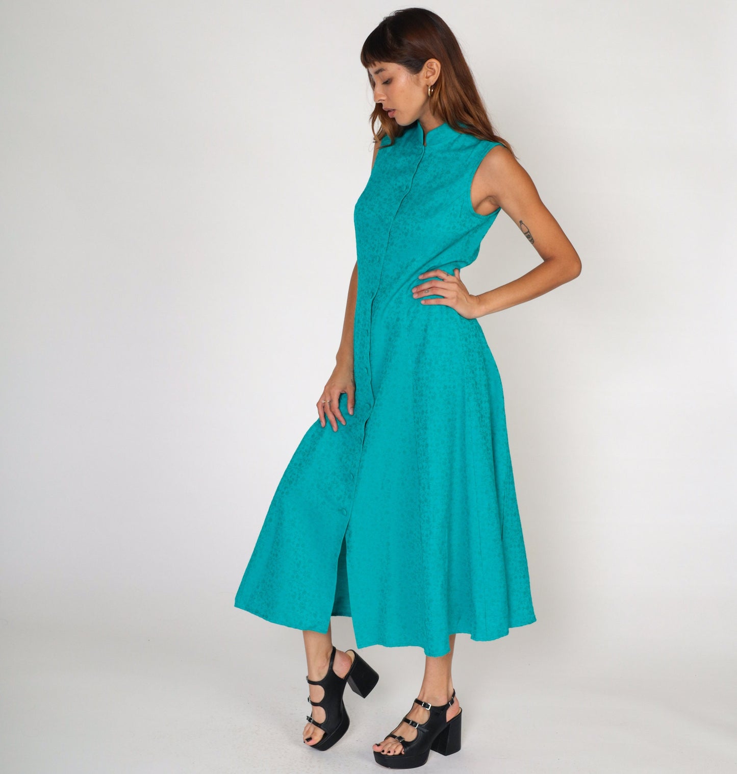 90s Coldwater Creek Teal Floral Embossed Maxi Dress Sleeveless Button-Up Small