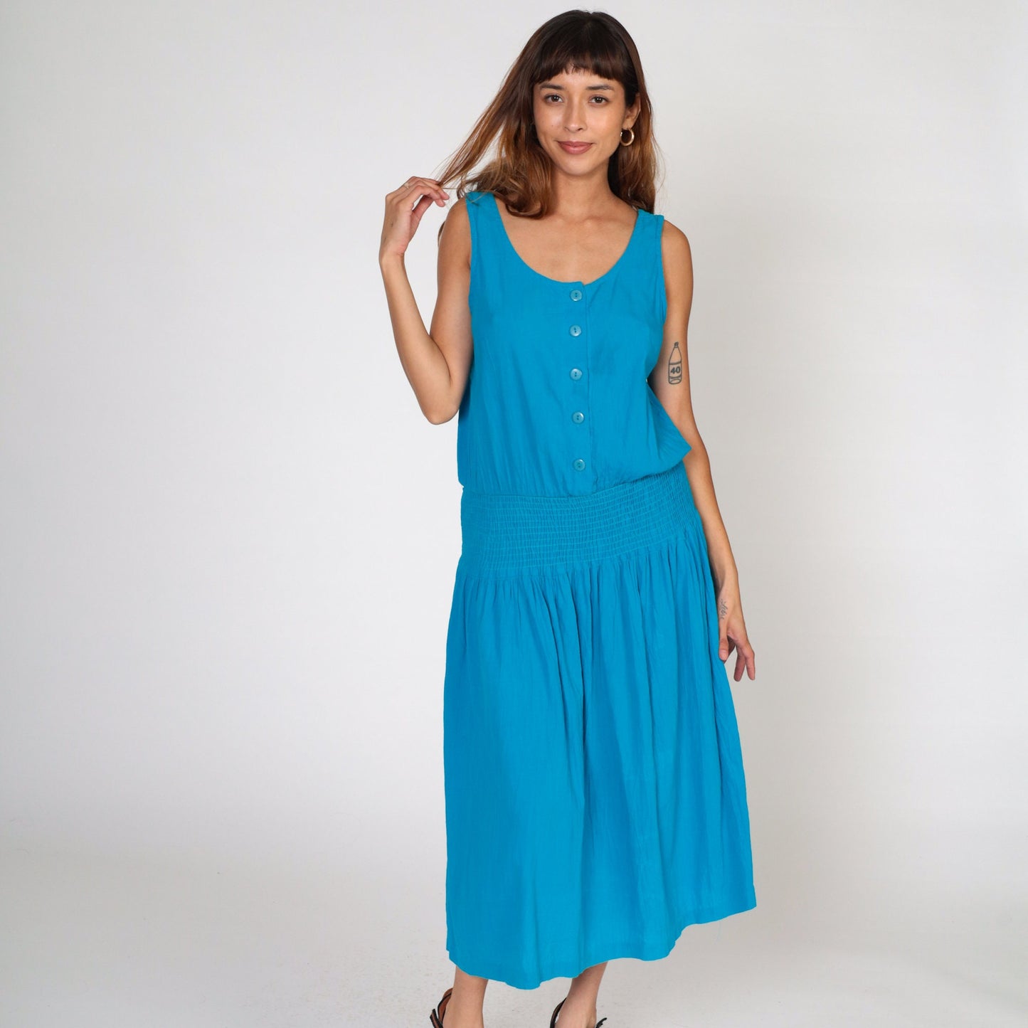 80s Blue Midi Sundress Sleeveless Button-Up Smocked Waist Medium M