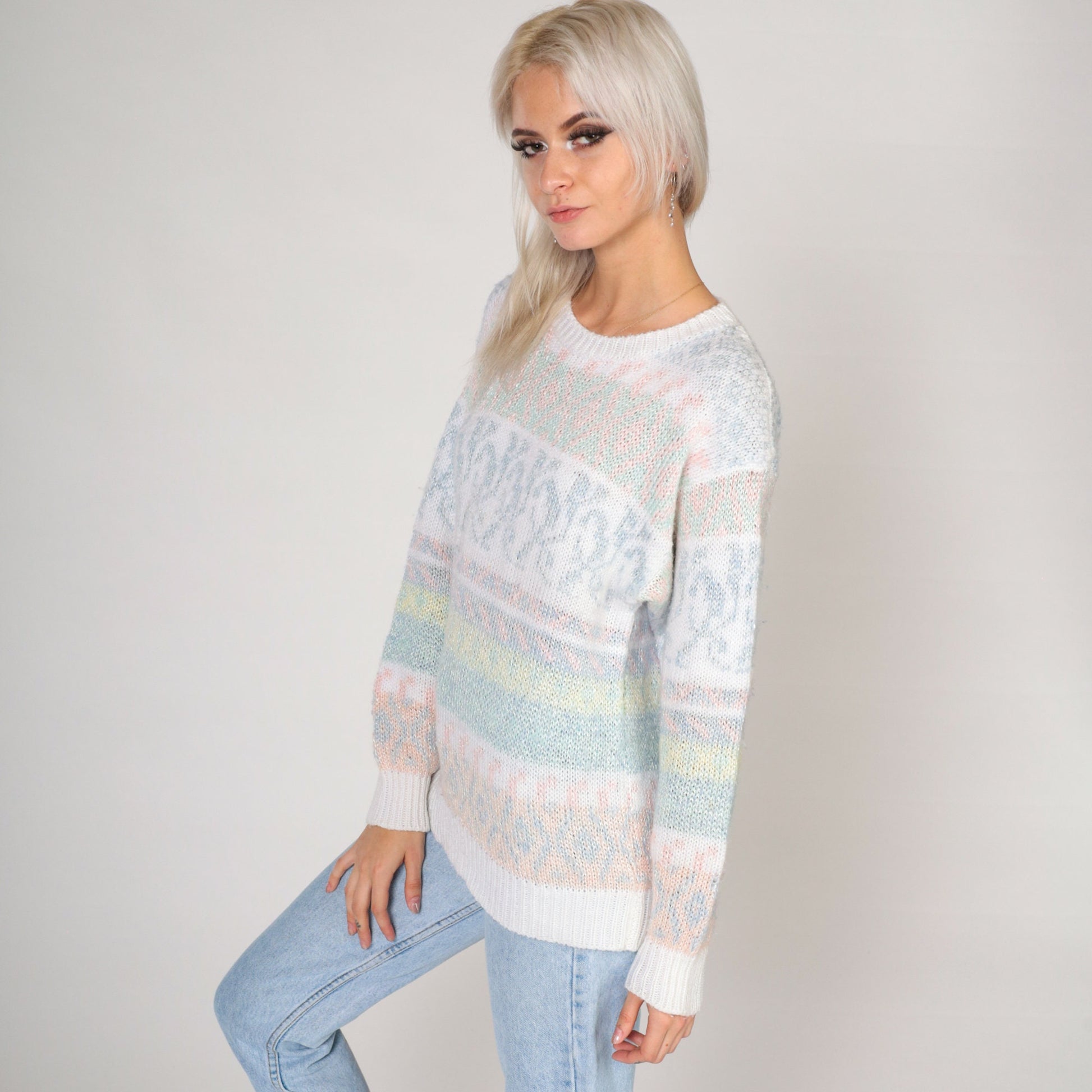 80s Helium Pastel Striped Abstract Knit Sweater White Crewneck Small