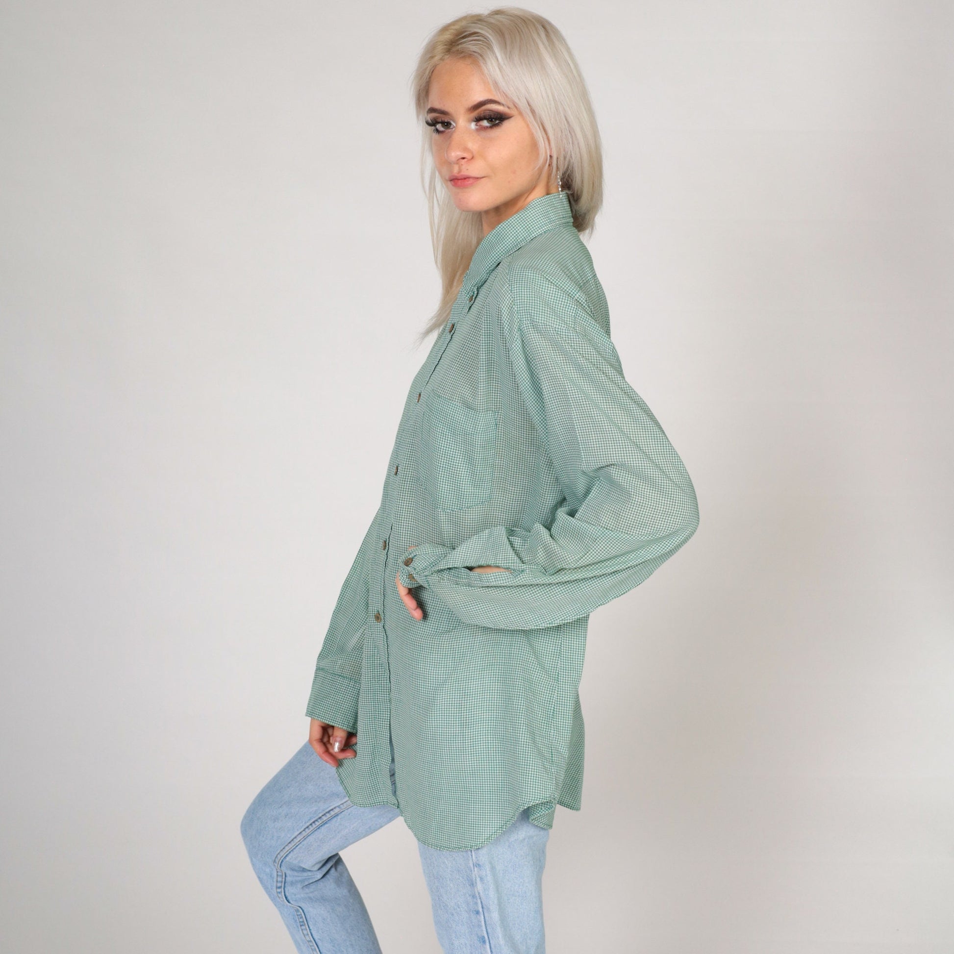 80s Steeple Chase Green White Gingham Button-Up Shirt Large