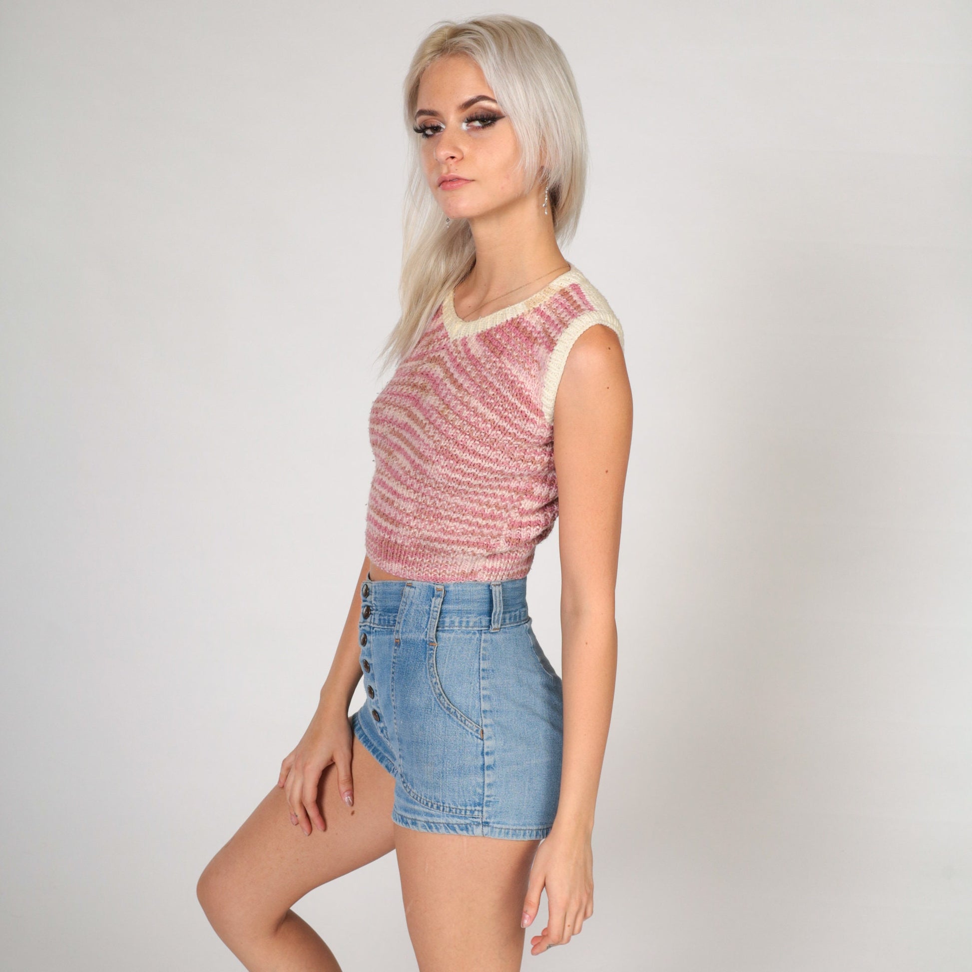70s Striped Knit Sweater Vest Pink Pullover V-Neck Crop XXS
