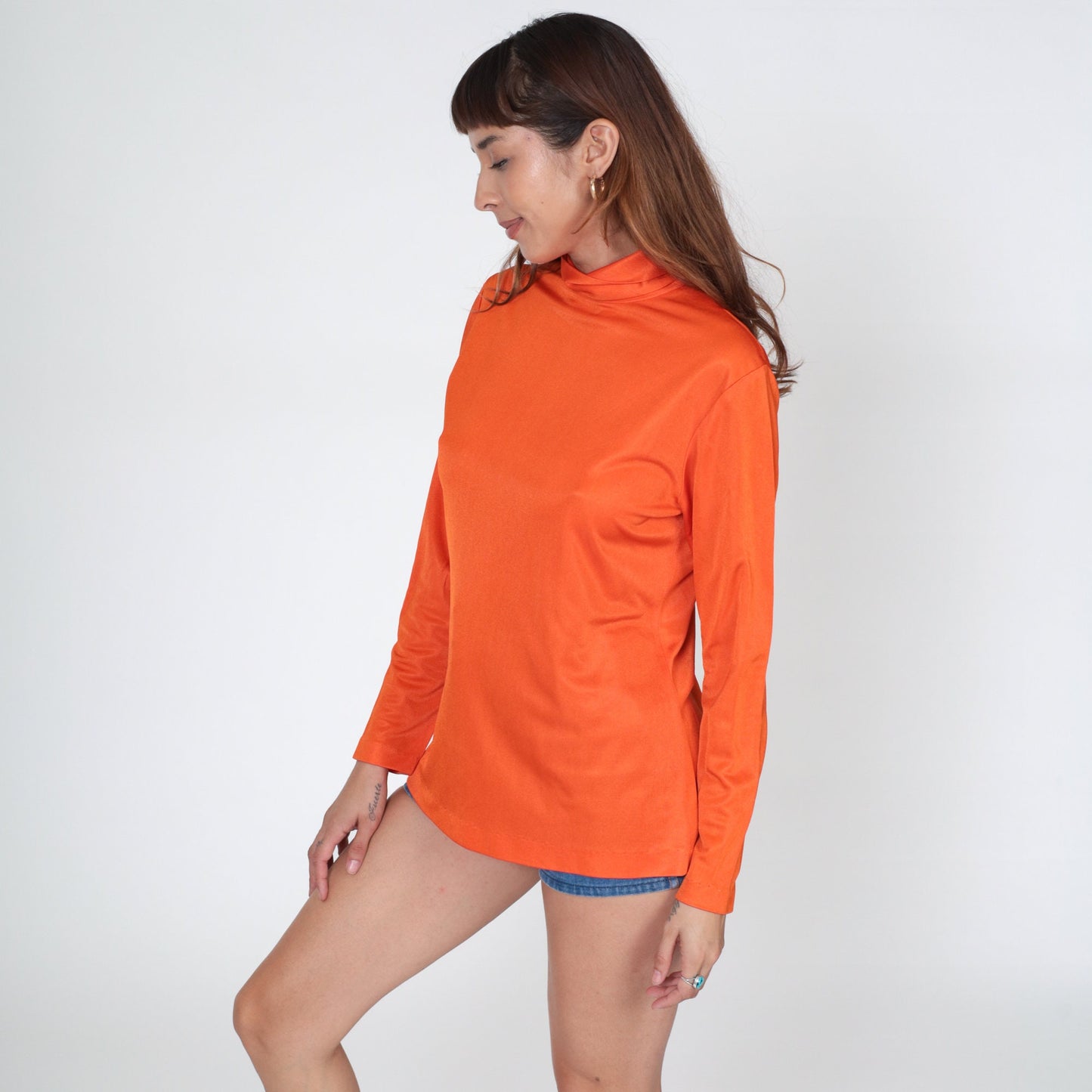 70s Orange Turtleneck Long Sleeve Blouse Rear Zipper Medium M