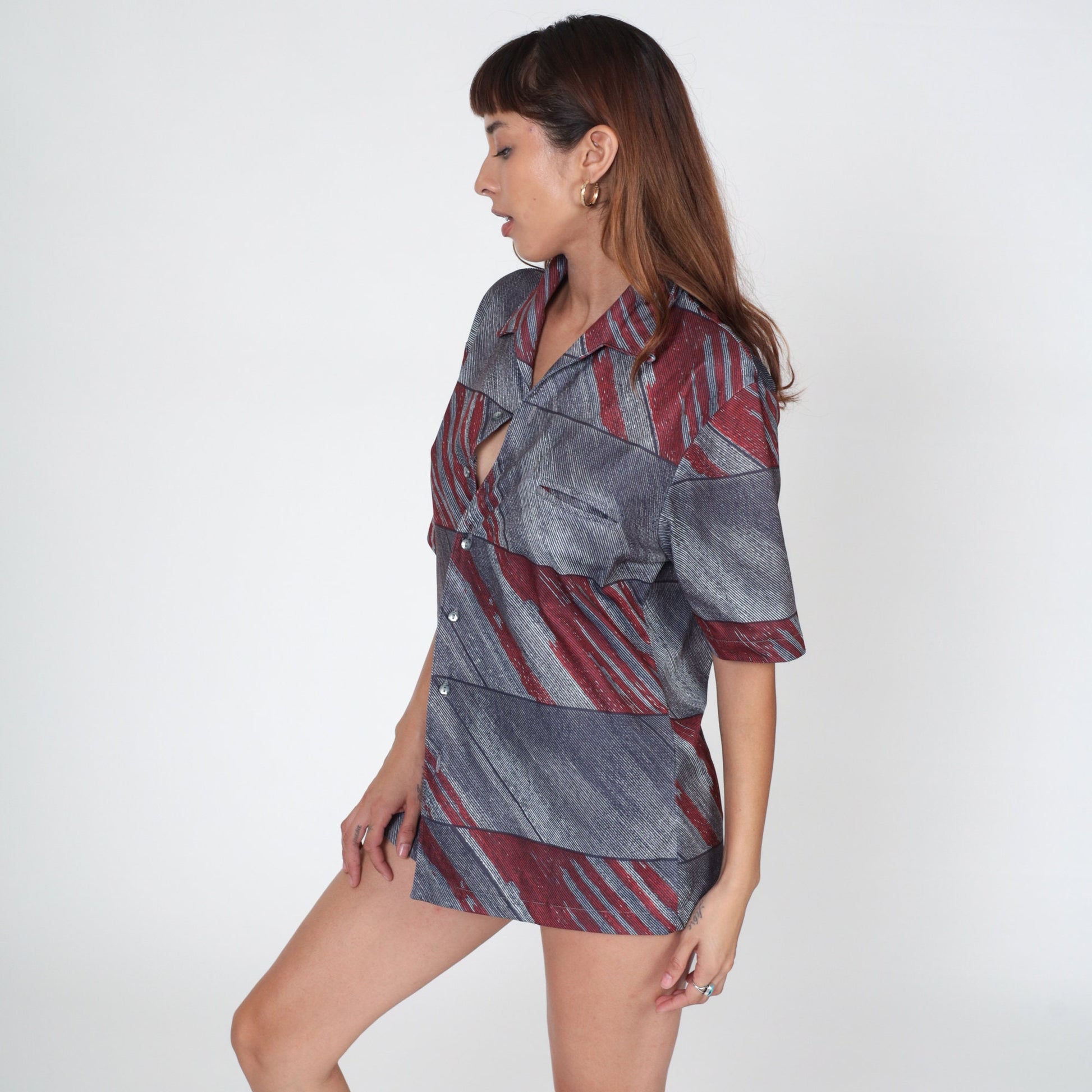 70s Navy Red Diagonal Stripe Button-Up Shirt Men's Large Short Sleeve