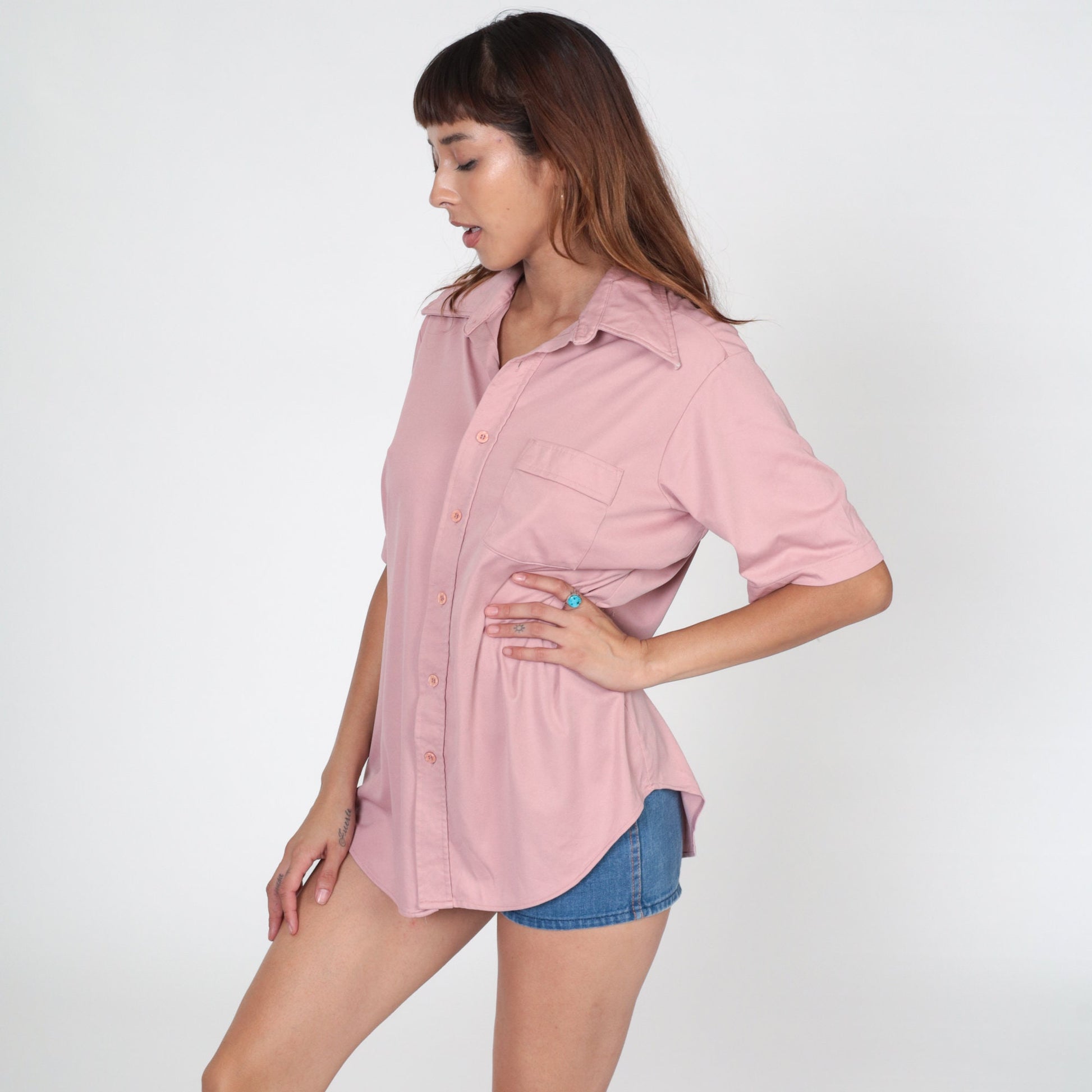 70s Dusty Pink Button-Up Shirt Dagger Collar Short Sleeve Men's Large