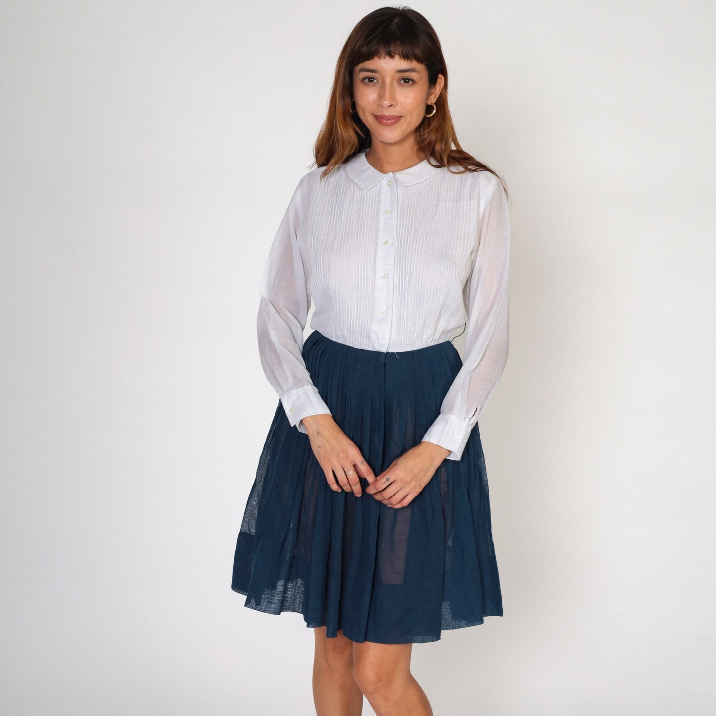 60s White Navy Shirtwaist Mini Dress Pointed Collar Long Sleeve Small
