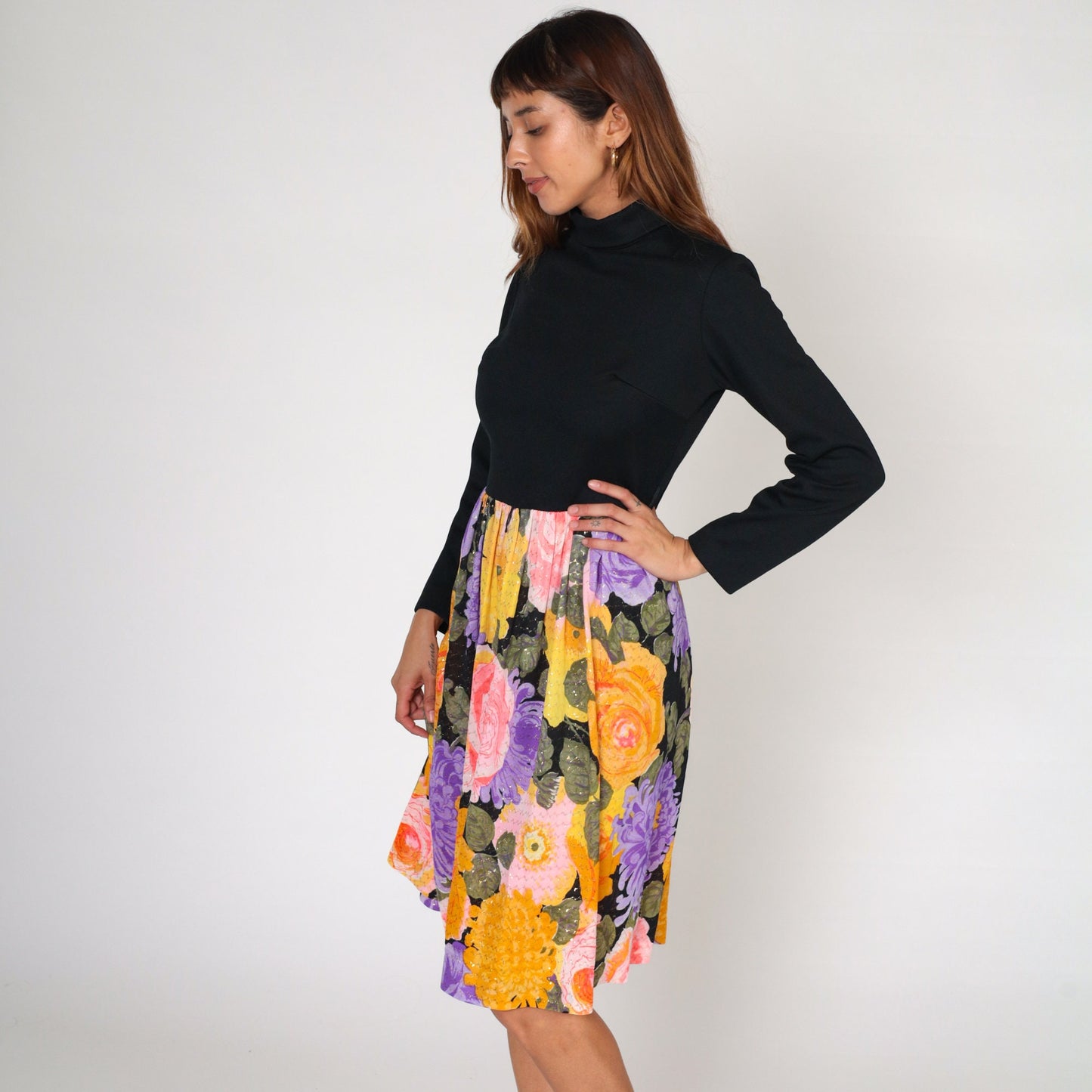 70s Metallic Floral Midi Dress Black Turtleneck Long Sleeve High Waisted Medium