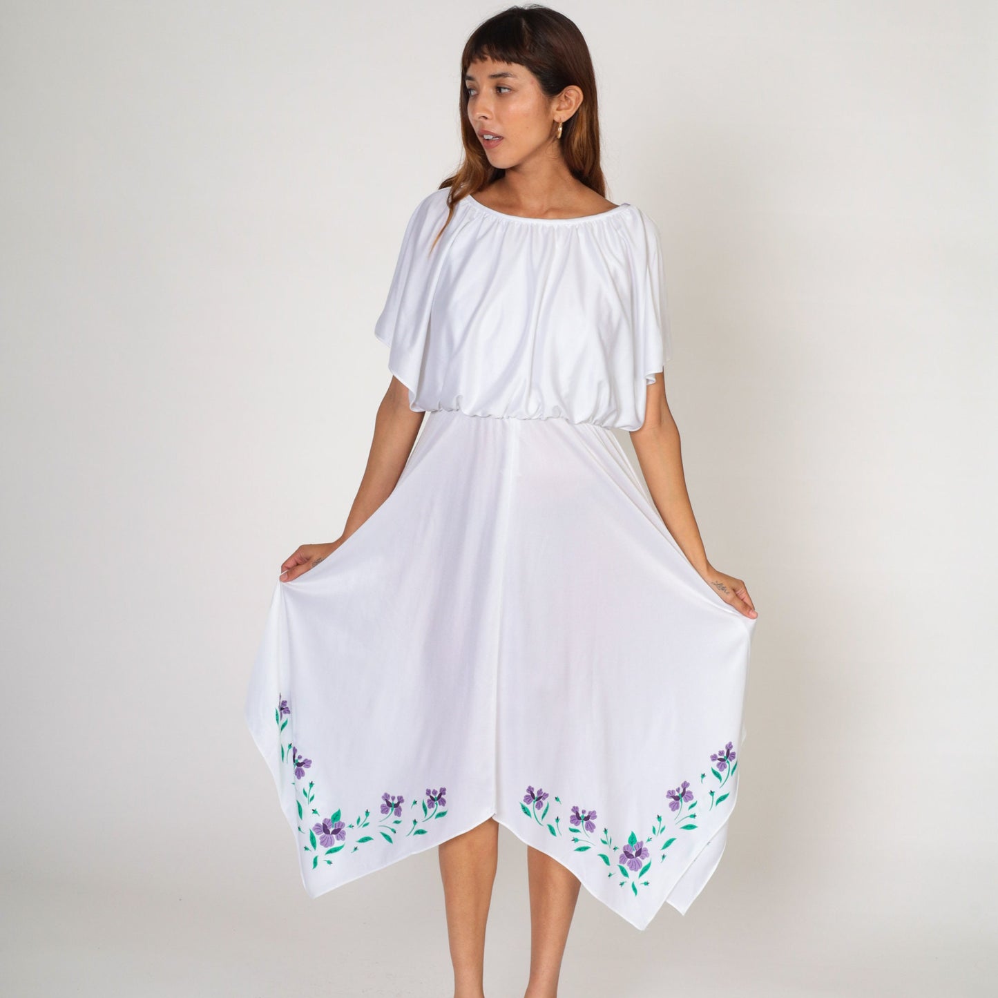 70s White Grecian Midi Dress Painted Floral Hanky Hem Flutter Sleeve Small