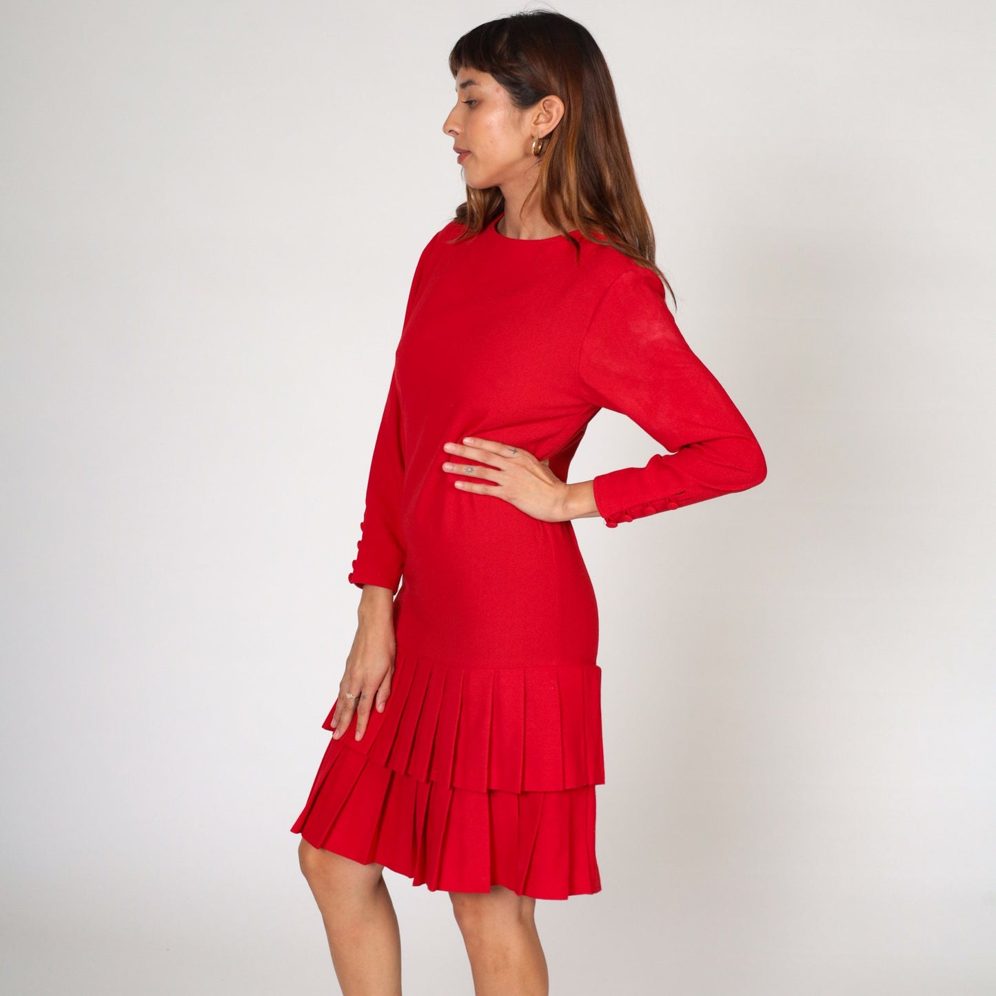 90s Red Mini Dress Drop Waist Pleated Tiered Long Sleeve Shift Small S