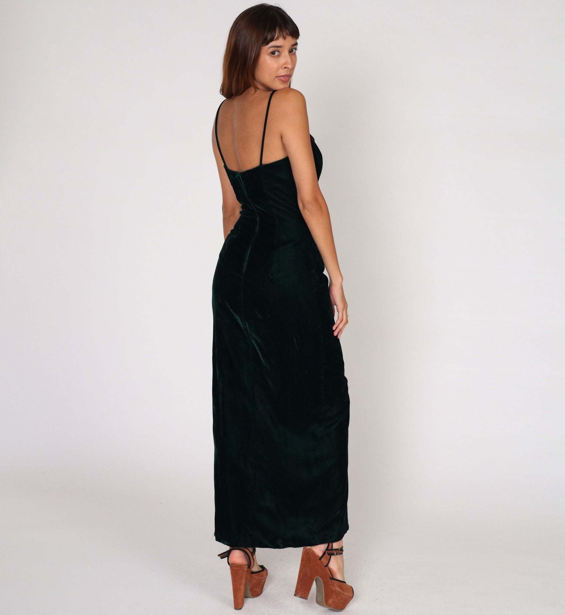 90s Dark Green Velvet Maxi Dress Sweetheart Neckline High Slit Sleeveless Small