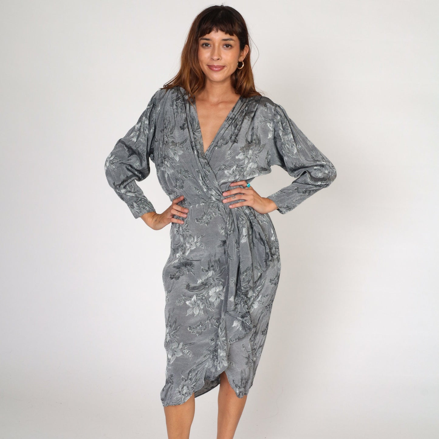 90s April Rain Floral Wrap Dress Grey Embossed Midi Deep V Neck Medium