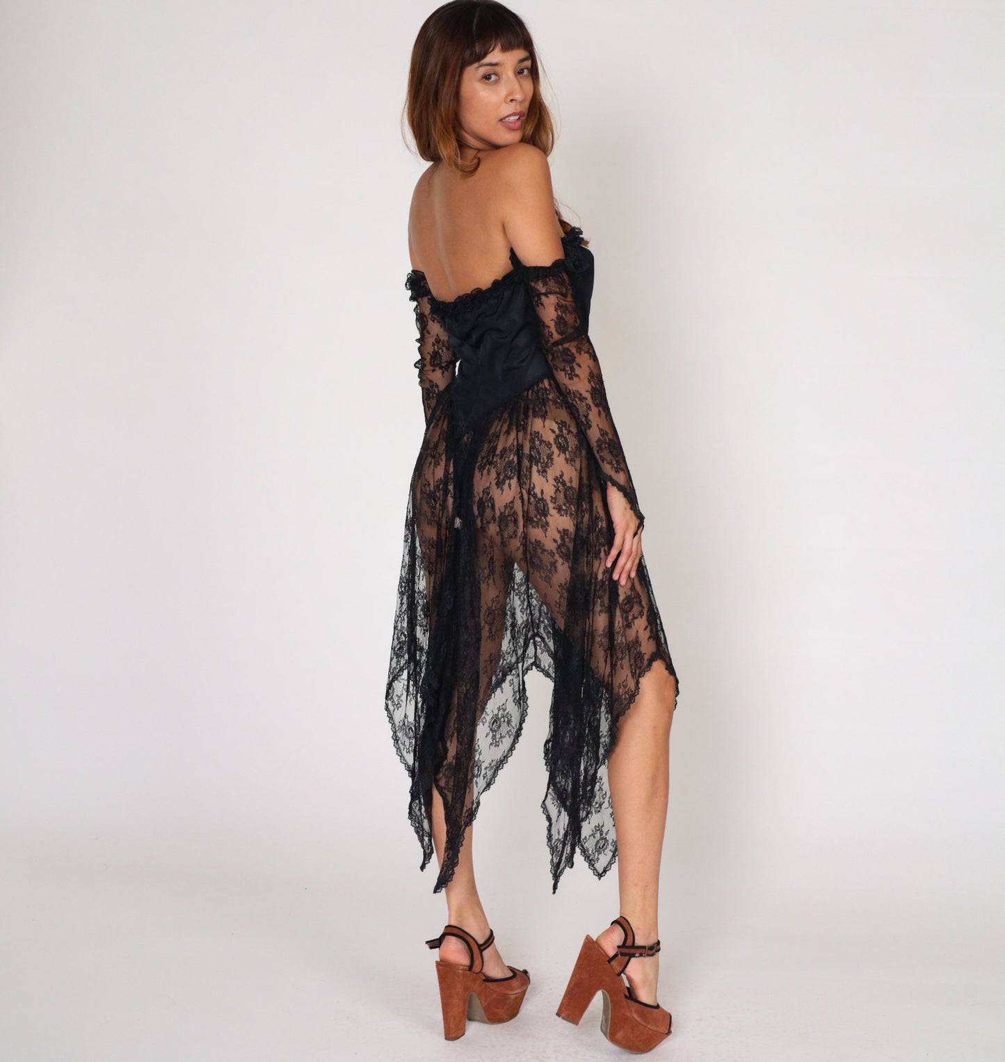 80s Black Lace Midi Dress Off-Shoulder Basque Waist Hanky Hem Small