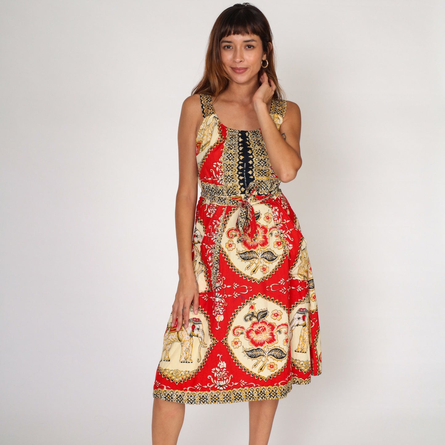 Y2K Red Batik Floral Elephant Midi Wrap Dress Cotton Sleeveless Pockets Medium Large