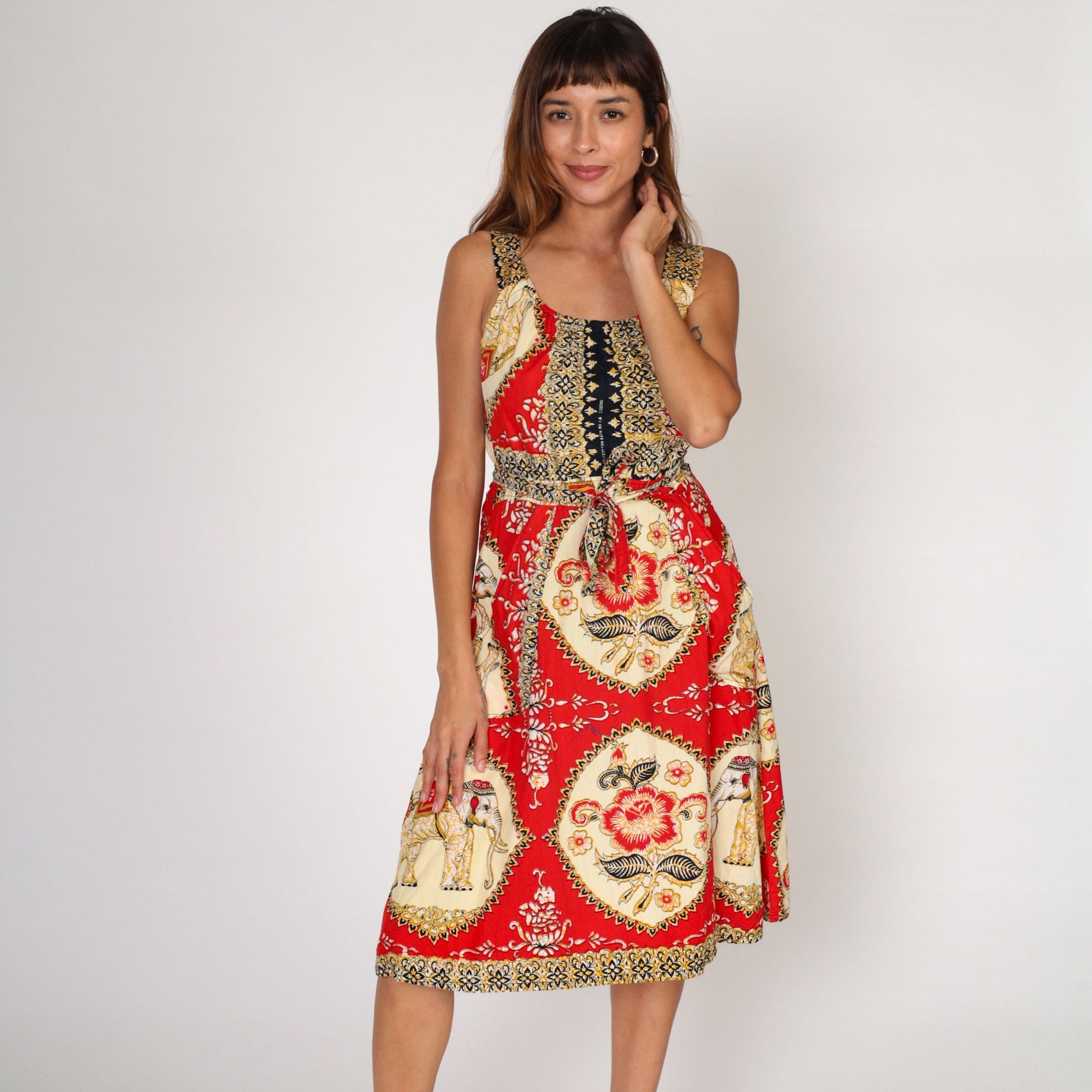 Y2K Red Batik Floral Elephant Midi Wrap Dress Cotton Sleeveless Pockets Medium Large