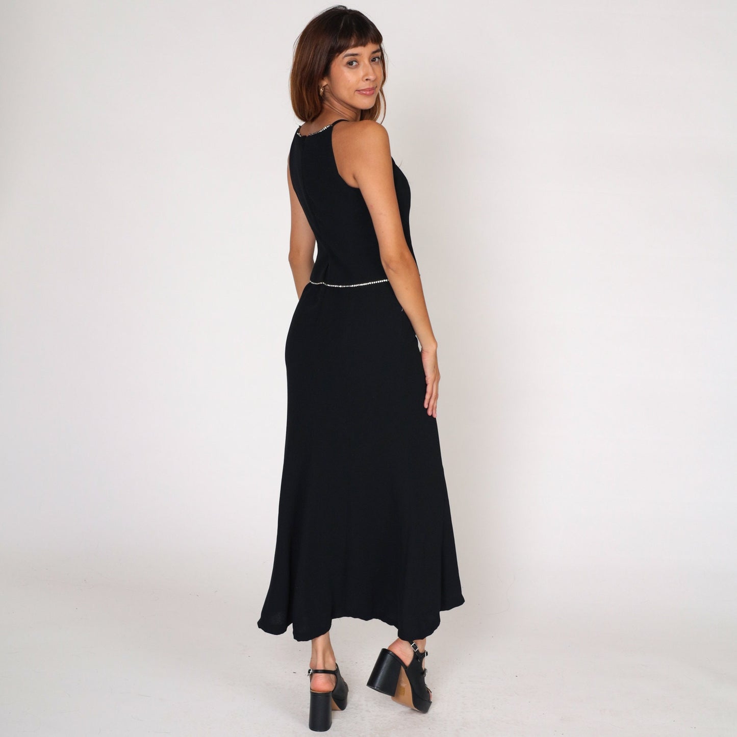 90s Jones New York Black Maxi Dress Rhinestone Racerback Spaghetti Strap Small